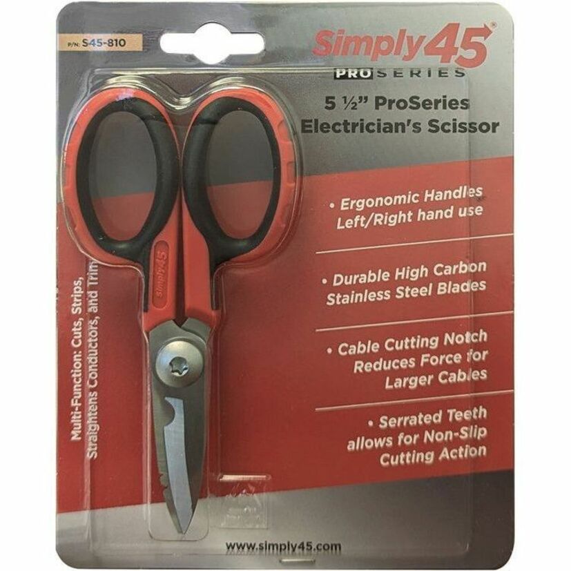 Retail packaging of SIMPLY45 ProSeries Electrician's Scissor showing product features and specifications-alternate-image2