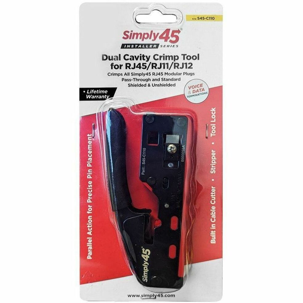 Retail packaging of Simply45 S45-C110 crimp tool showing product features and warranty information-alternate-image3
