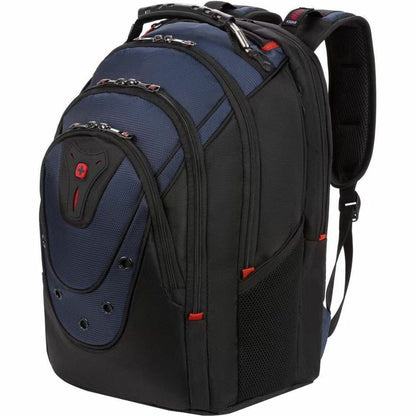 Front view of SwissGear Ibex Pro laptop backpack in navy and black showing protective design-alternate-image1
