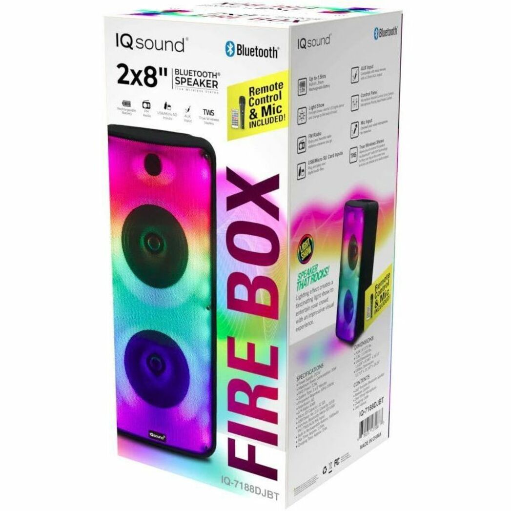 IQ Sound IQ-7188DJBT FIRE BOX 2x8" Bluetooth Speaker, True Wireless Stereo (TWS), Remote Control, Microphone