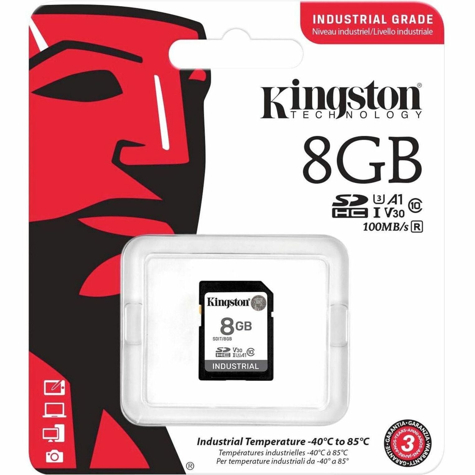 Kingston SDIT/8GB Industrial SDHC Memory Card, 8GB, Class 10/UHS-I (U3), V30, 100 MB/s