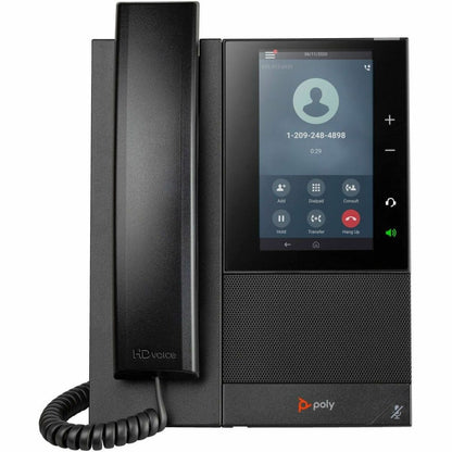 Poly CCX 500 business phone displaying active call interface with HD Voice handset and touchscreen controls-alternate-image1