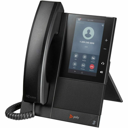 Poly CCX 500 business phone positioned at an angle showing adjustable desktop stand and ergonomic design-alternate-image3