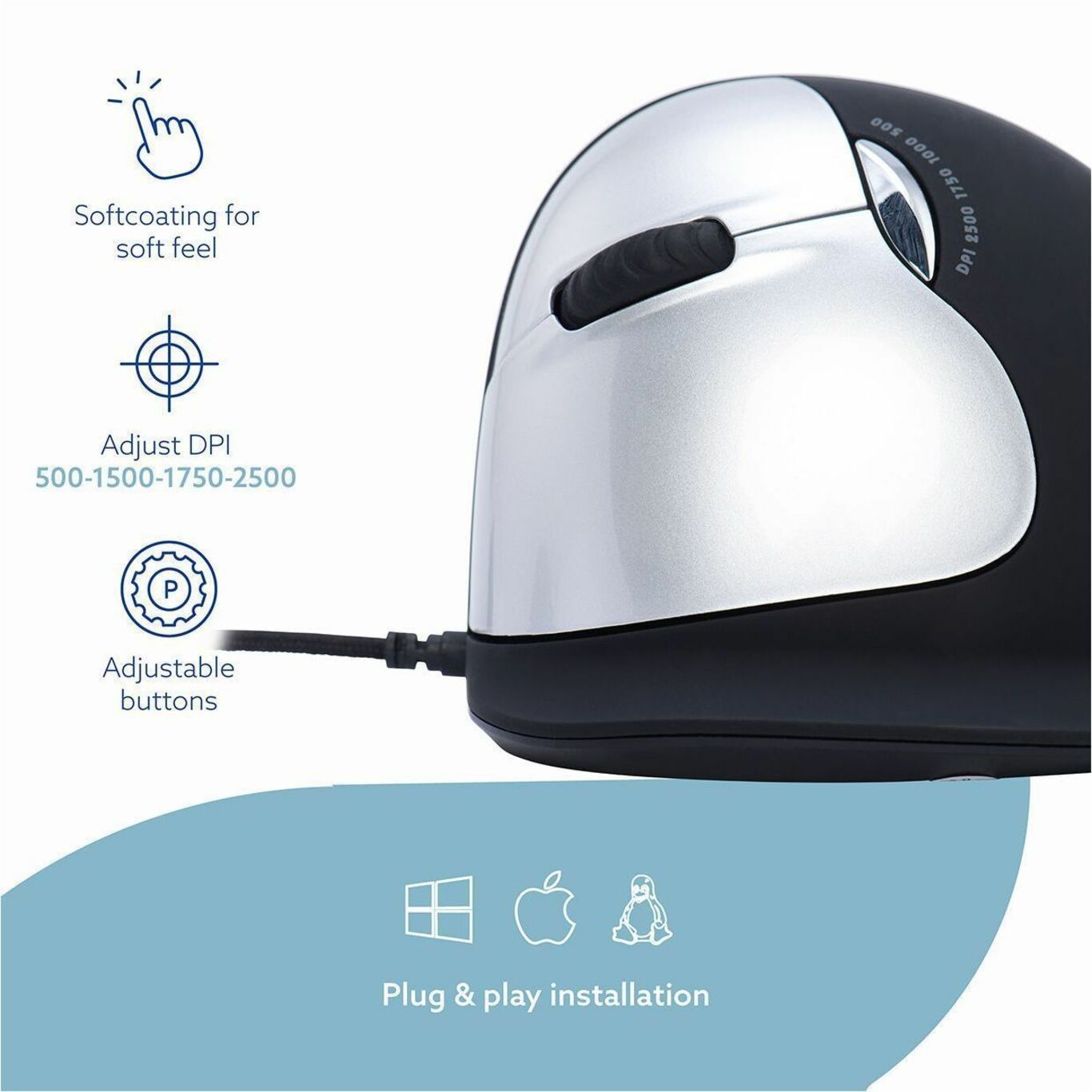 R-Go RGOBRHEMLL HE Break Mouse, Left-Handed Ergonomic Fit, Large Size, 5 Buttons, 2500 dpi, USB 2.0