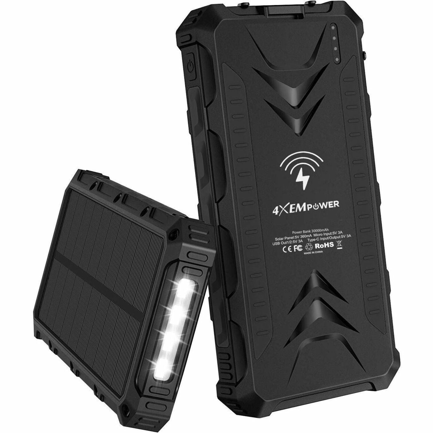 4XEM 4XSOLARPWR30BK 30,000 mAh Mobile Solar Power Bank and Charger (Black), Outdoor Camping Essential