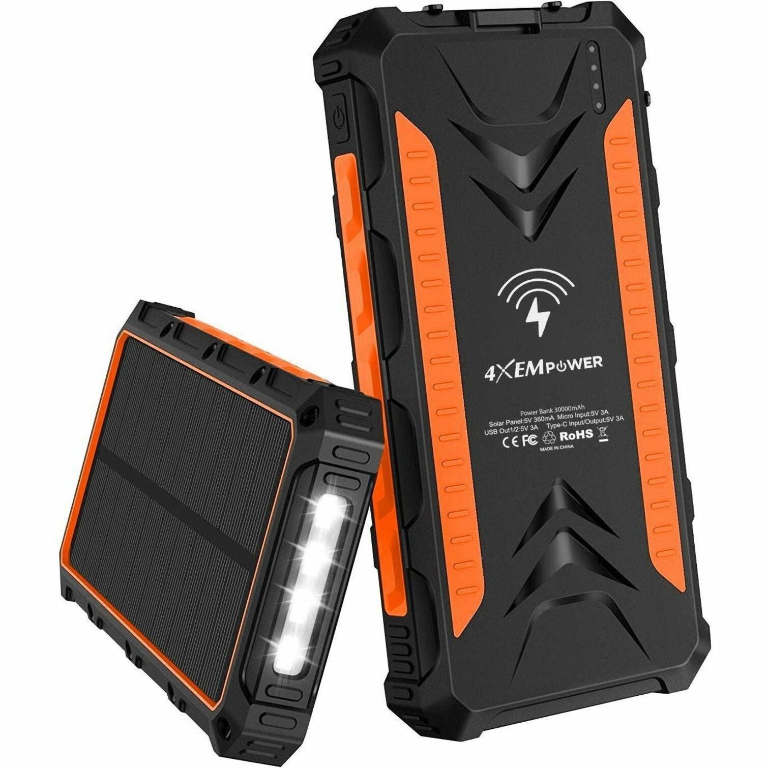 4XEM 4XSOLARPWR30OR 30,000 mAh Mobile Solar Power Bank and Charger (Orange), Outdoor Camping Essential
