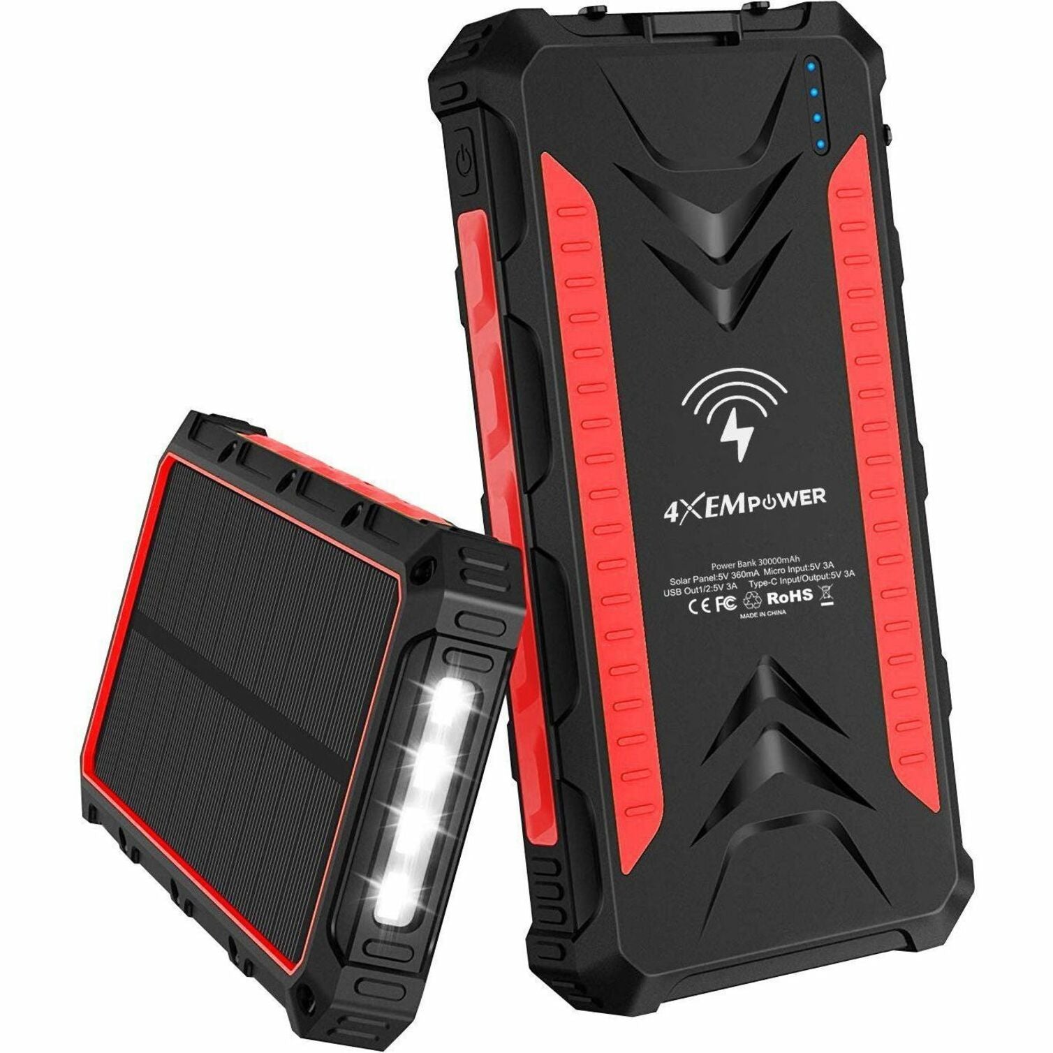 4XEM 4XSOLARPWR30RD 30,000 mAh Mobile Solar Power Bank and Charger (Red), Outdoor Camping Essential