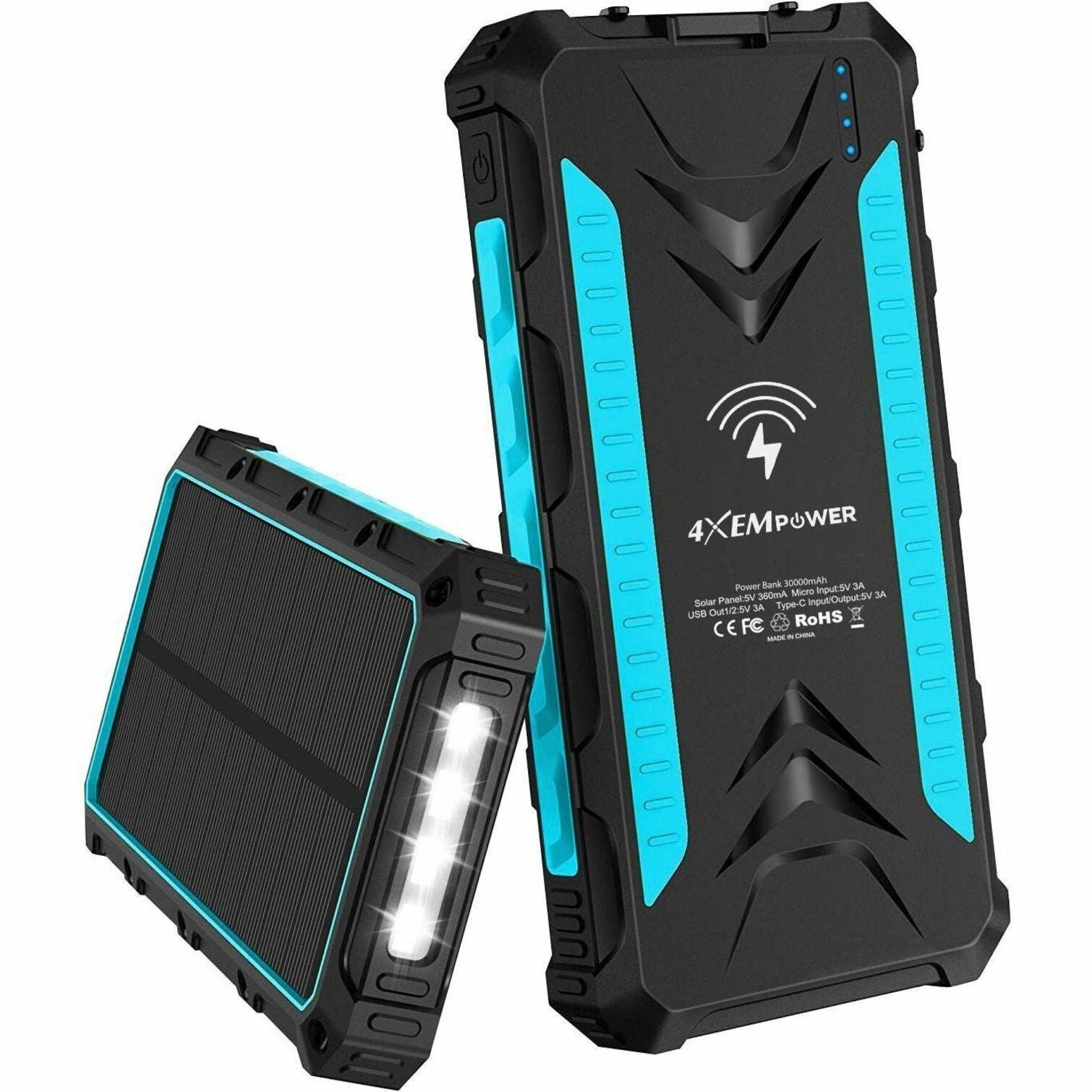 4XEM 4XSOLARPWR30BL 30,000 mAh Mobile Solar Power Bank and Charger (Blue), Outdoor Camping Essential