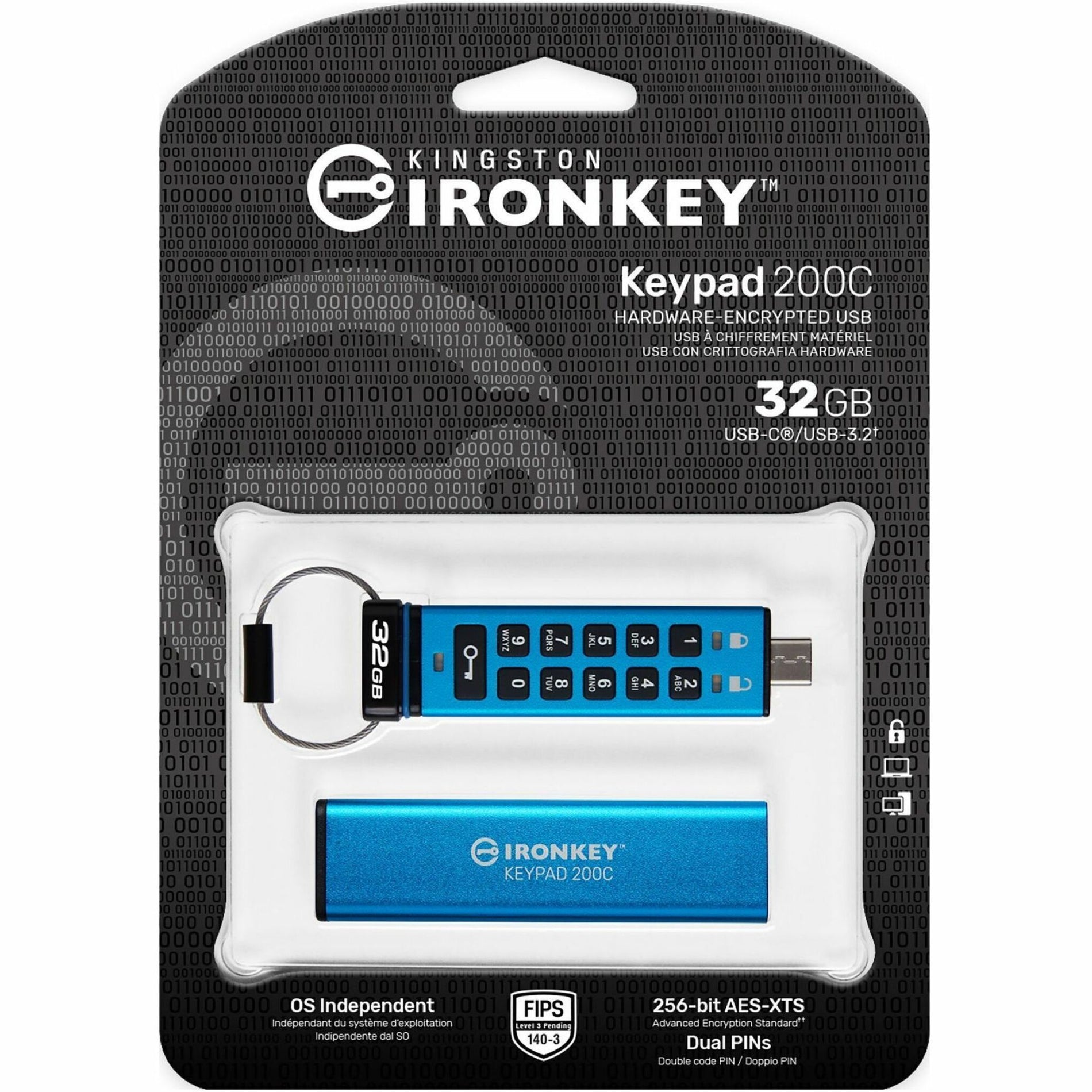 IronKey IKKP200C/32GB FIPS 140-3 Level 3 (Pending) Certified Keypad Drive, 32GB Flash Drive with 256-bit AES Encryption
