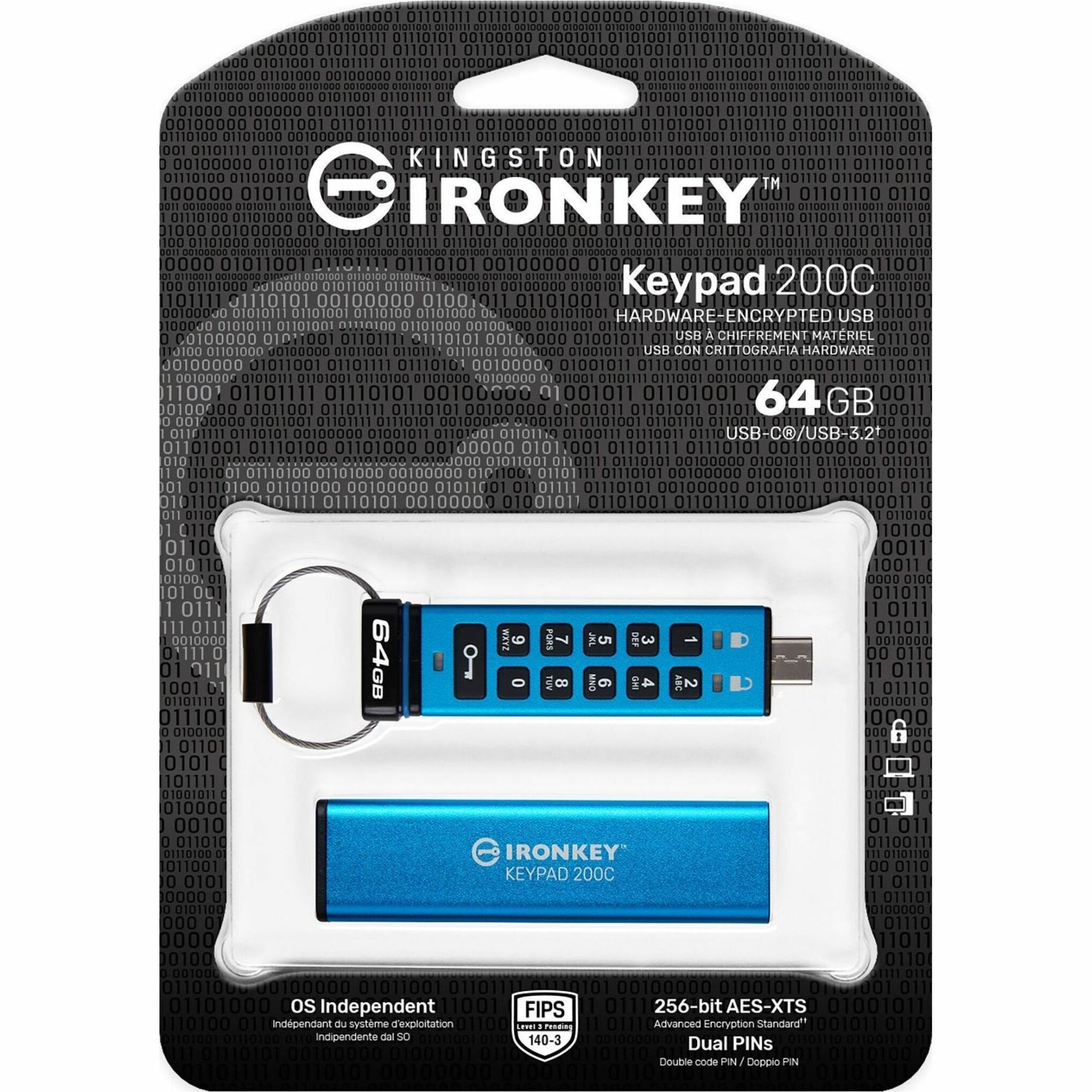 IronKey IKKP200C/64GB Keypad 200 64GB USB 3.2 (Gen 1) Type C Flash Drive, Secure, Password Protected, Water and Dust Proof