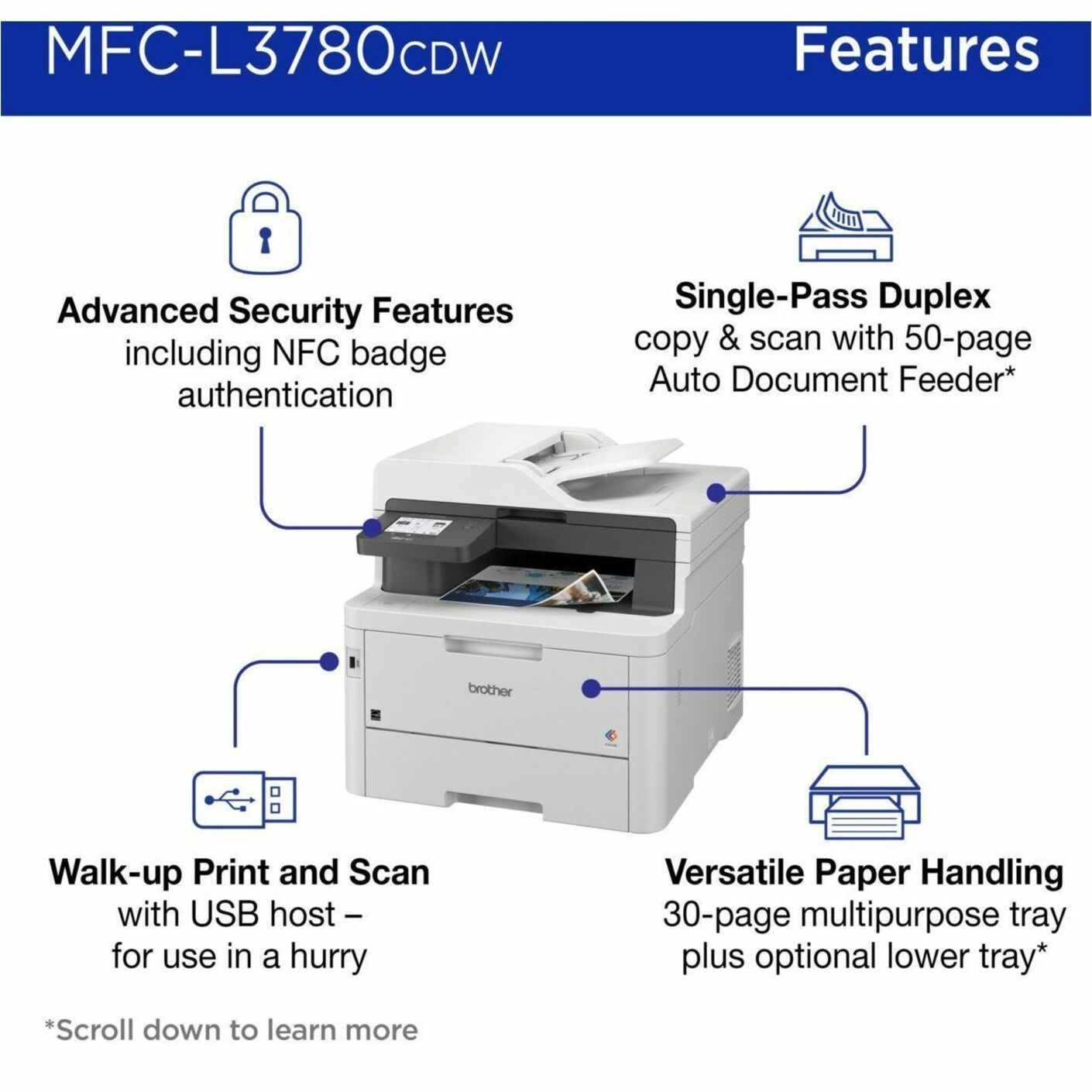 Brother MFC-L3780CDW Wireless Digital Color All-in-One Printer, Fax, Copier, Scanner, USB, 3.50" Touchscreen, Gigabit Ethernet, Wireless LAN, NFC