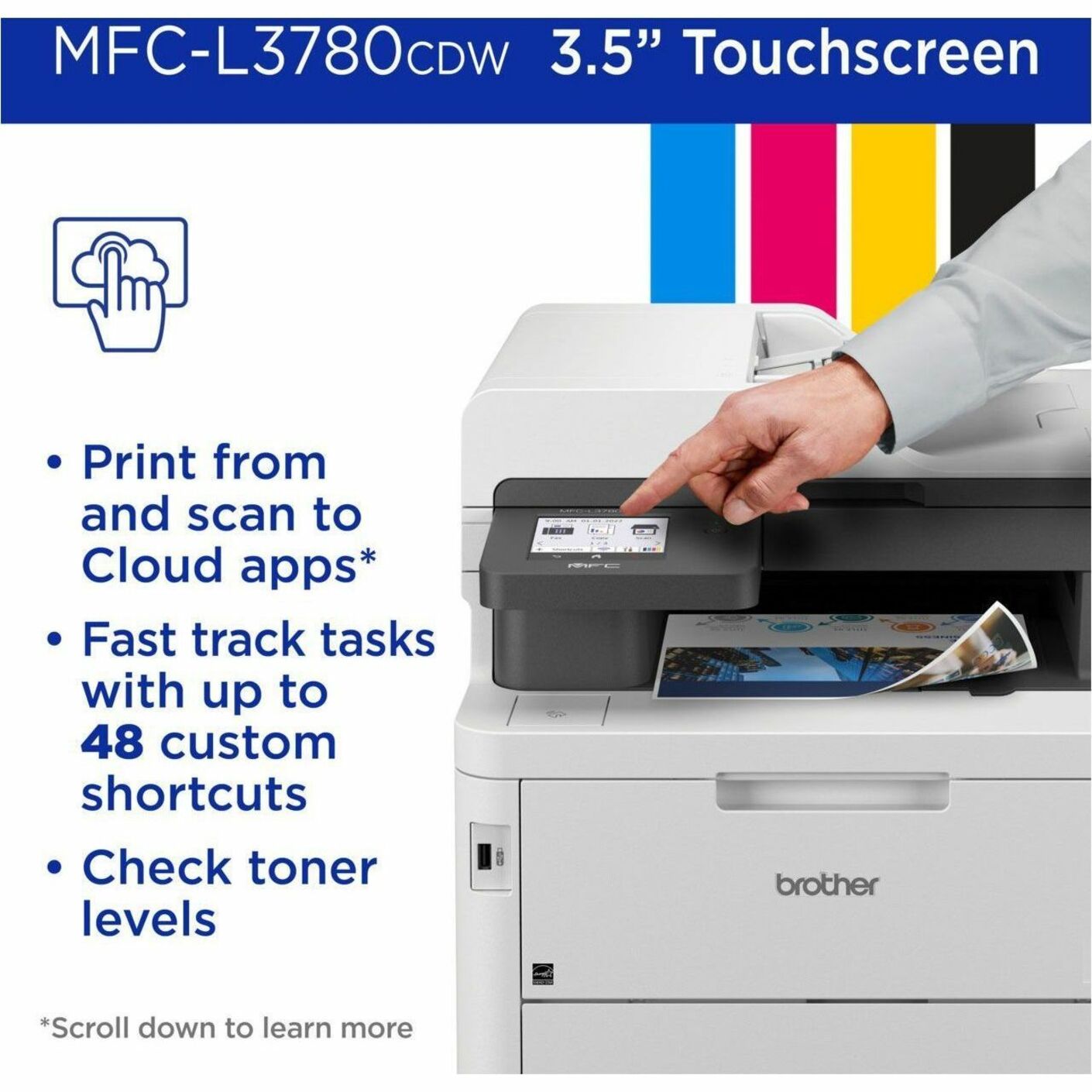 Brother MFC-L3780CDW Wireless Digital Color All-in-One Printer, Fax, Copier, Scanner, USB, 3.50" Touchscreen, Gigabit Ethernet, Wireless LAN, NFC