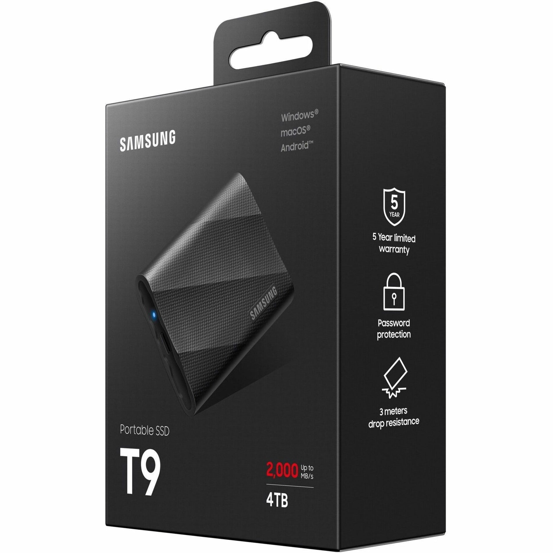 Samsung MU-PG4T0B/AM Portable SSD T9 USB 3.2 Gen2x2 4TB (Black) 5-Year Warranty 2000 MB/s Transfer Rate