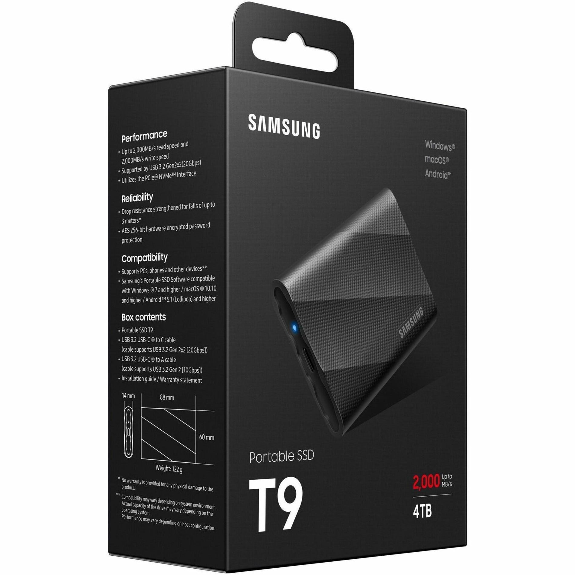 Samsung MU-PG4T0B/AM Portable SSD T9 USB 3.2 Gen2x2 4TB (Black), 5-Year Warranty, 2000 MB/s Transfer Rate