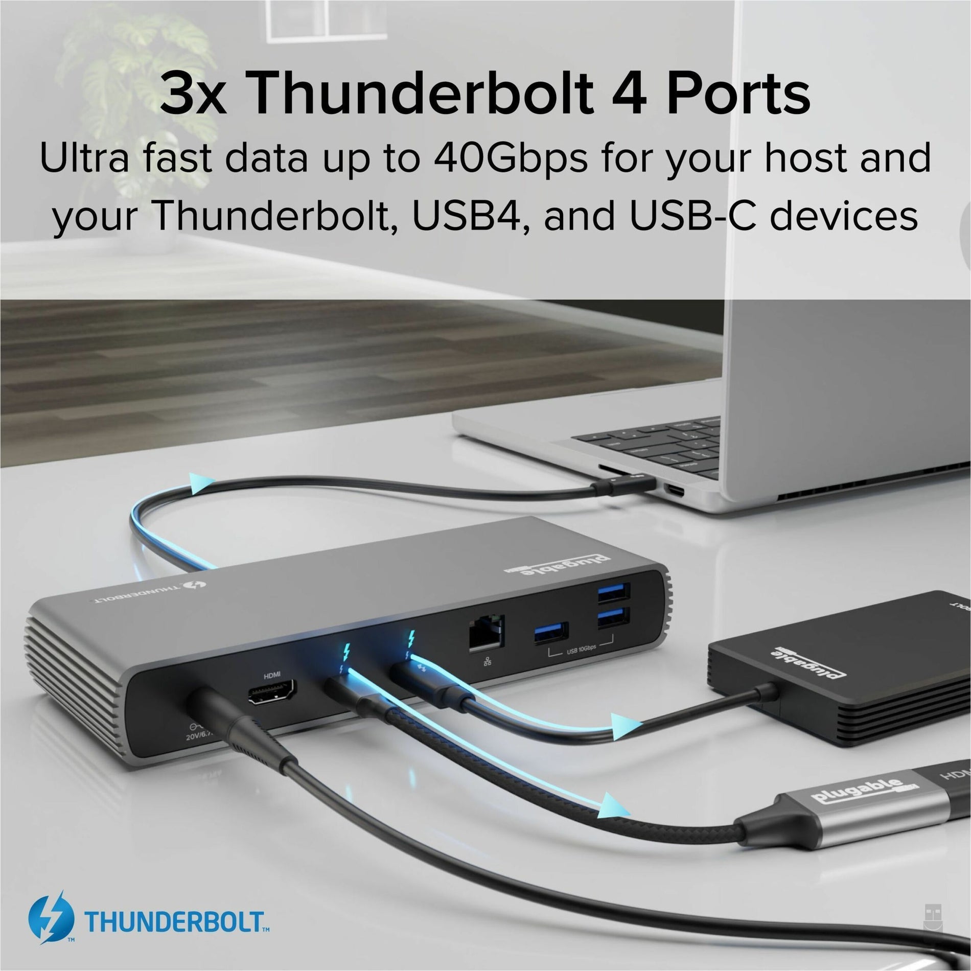 Plugable TBT4-UDX1 Docking Station, Thunderbolt 4, 100W Power Delivery Pass-through, 4K Screen Mode Supported, 2 Thunderbolt Ports