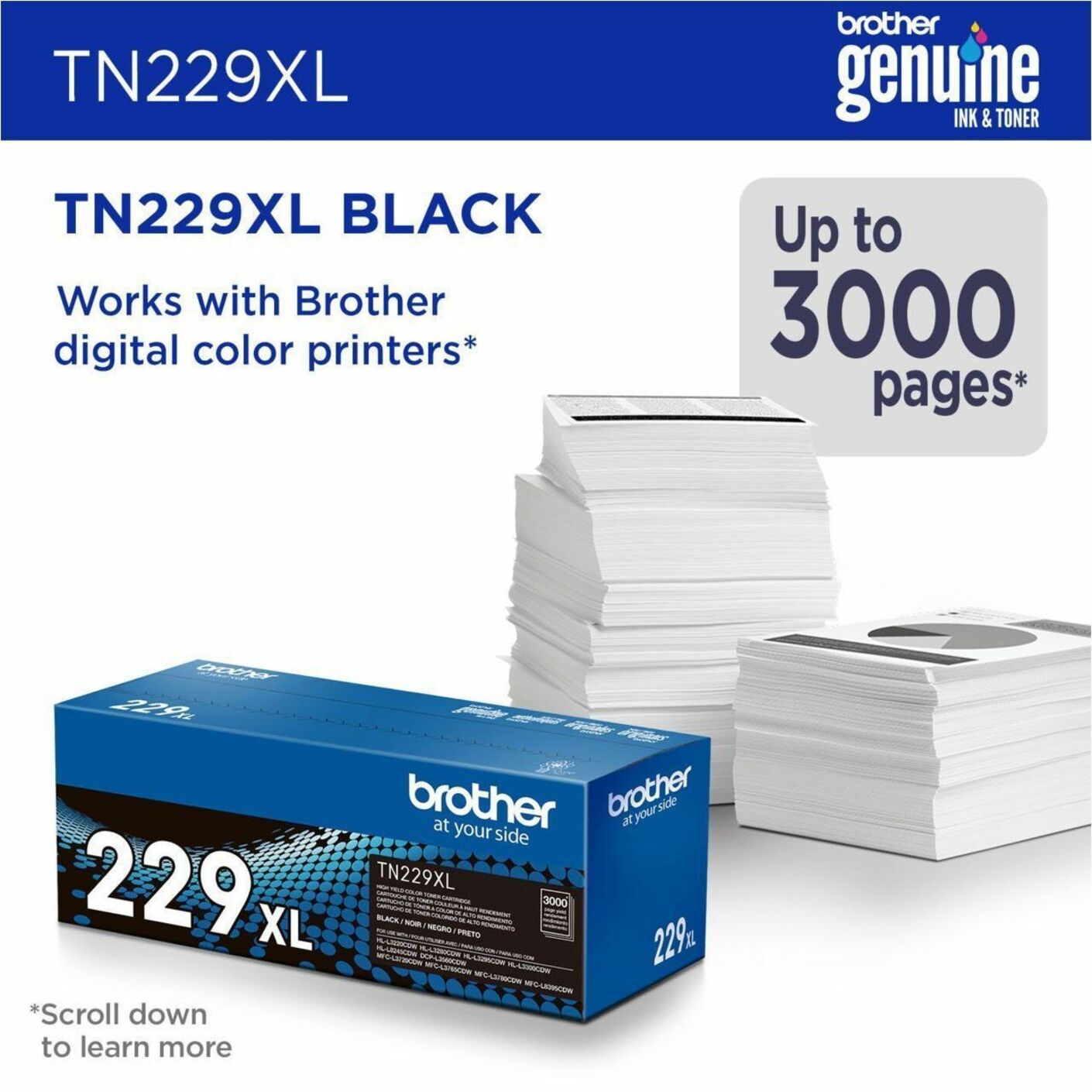 Brother TN229XLBK Brother Genuine TN229XLBK High-yield Black Toner Cartridge