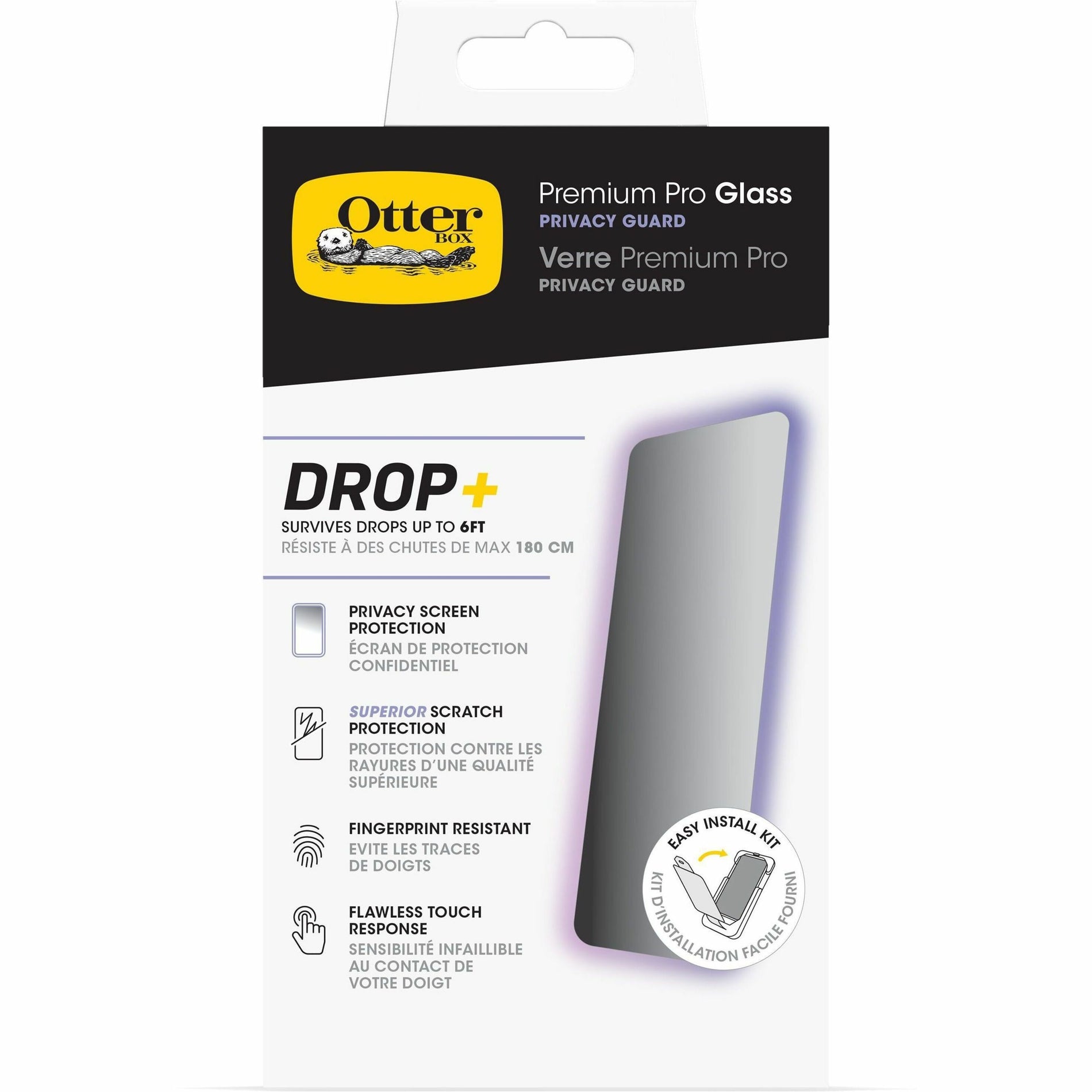 OtterBox 77-94002 iPhone 15 Pro Premium Pro Glass Privacy Guard Antimicrobial Screen Protector, Lifetime Warranty