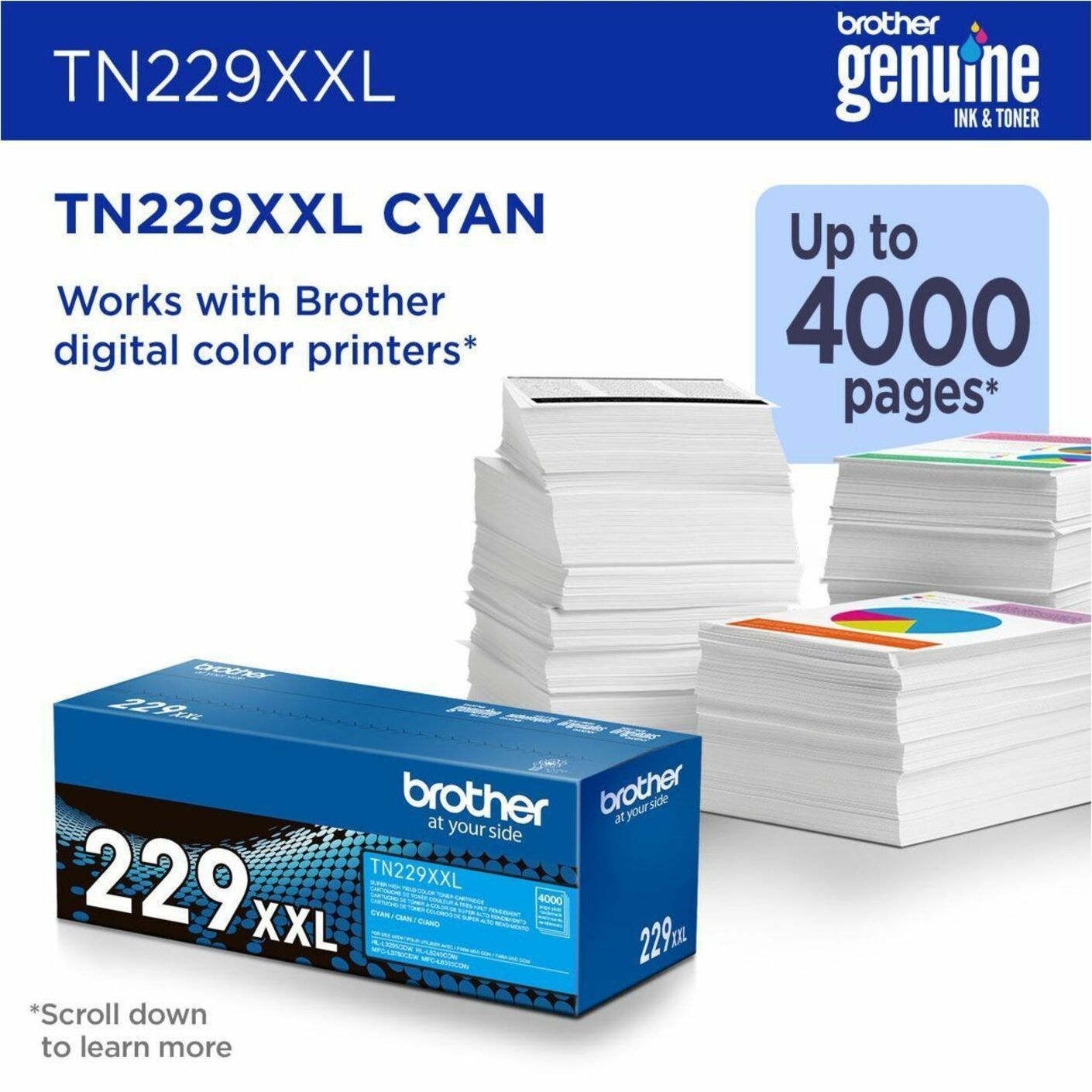 Brother TN229XXLC Super High-yield Cyan Toner Cartridge - Genuine Brother Cartridge for HL-L3295CDW, HL-L8245CDW, MFC-L3780CDW, and MFC-L8395CDW Printers