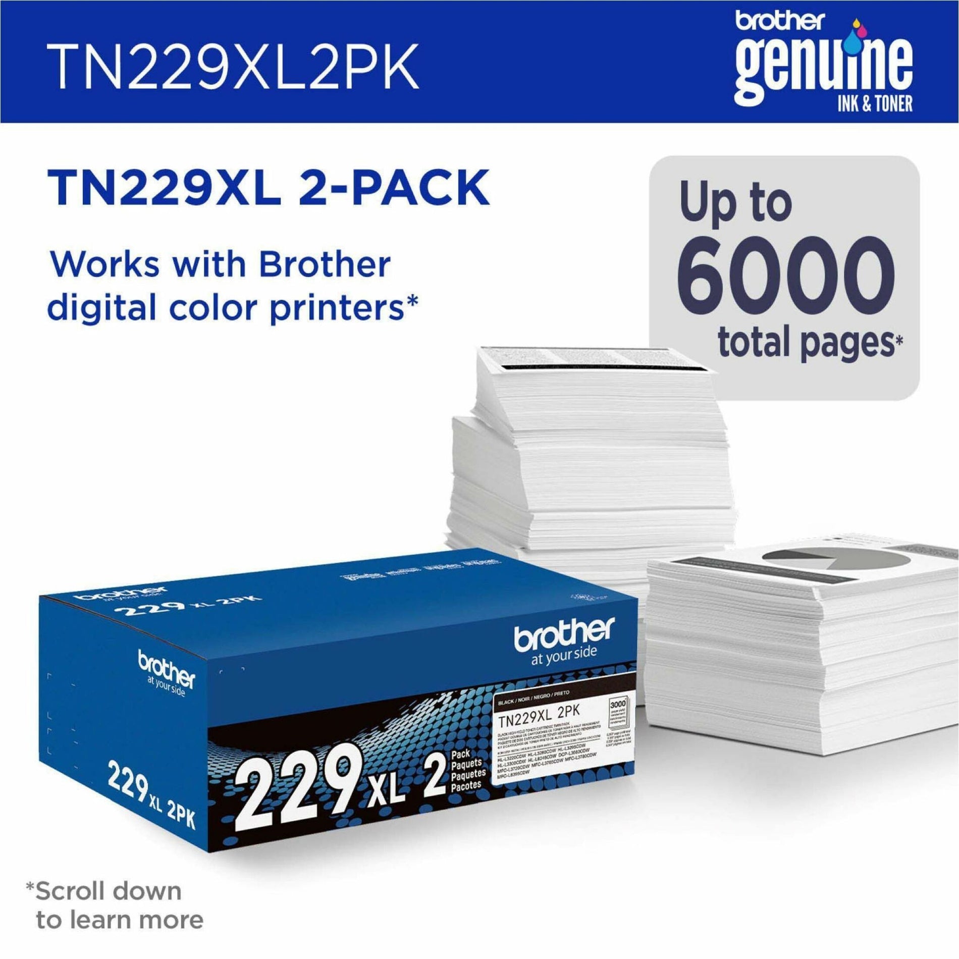 Brother TN229XL2PK High-yield Black Toner Cartridge Twin-Pack, for Brother Printers