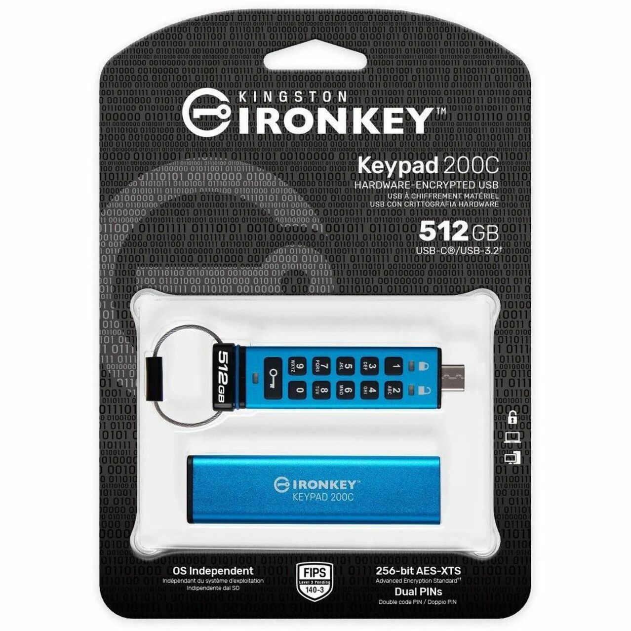 IronKey IKKP200C/512GB Keypad 200 512GB USB 3.2 (Gen 1) Type C Flash Drive, Waterproof, Dustproof, Hardware Encryption