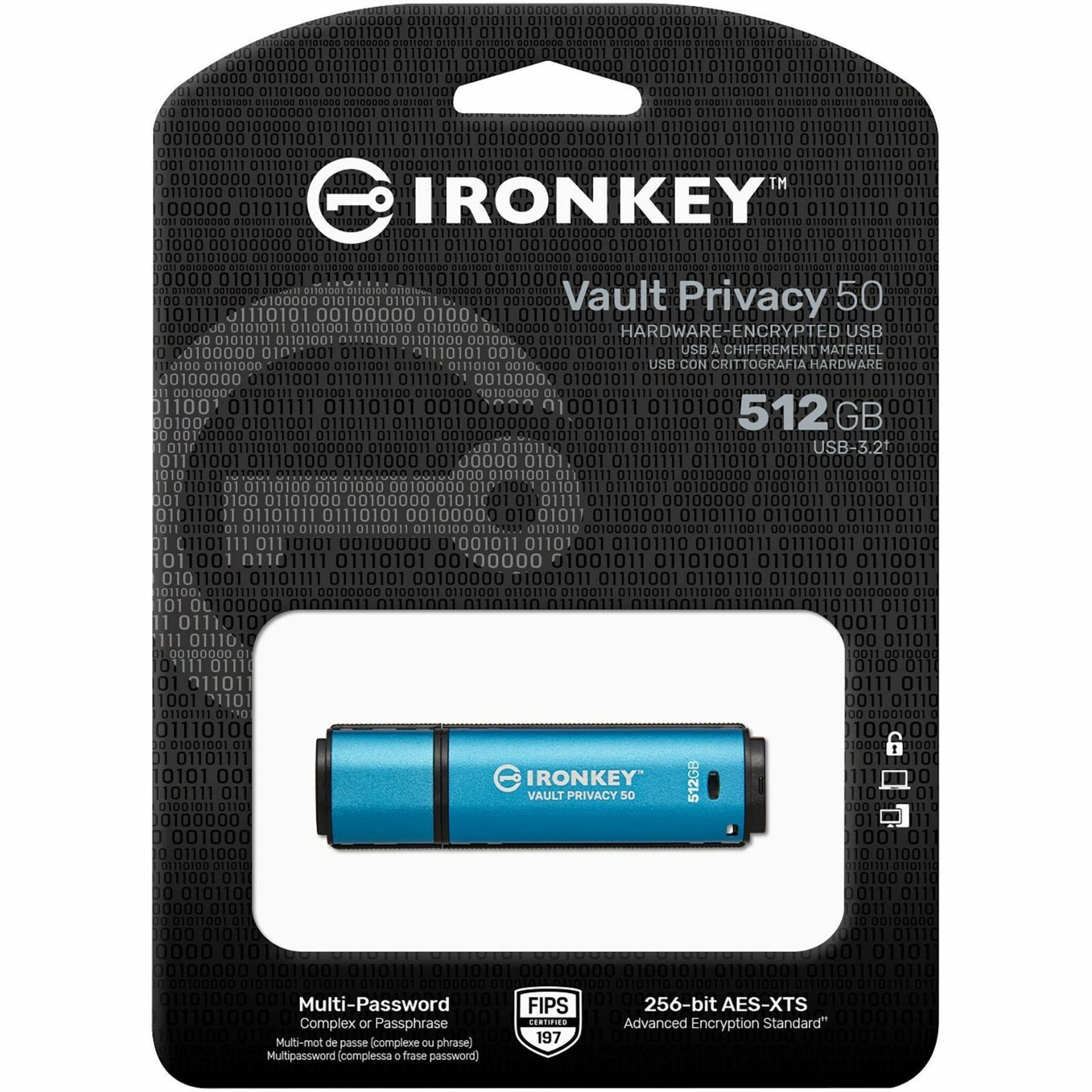 IronKey IKVP50/512GB Vault Privacy 50 Series 512GB USB 3.2 (Gen 1) Type A Flash Drive, Brute Force Self Destruct, Cap, Admin and User Mode, Read-only Mode, Password Protection, Cryptographic Erase, Water Proof