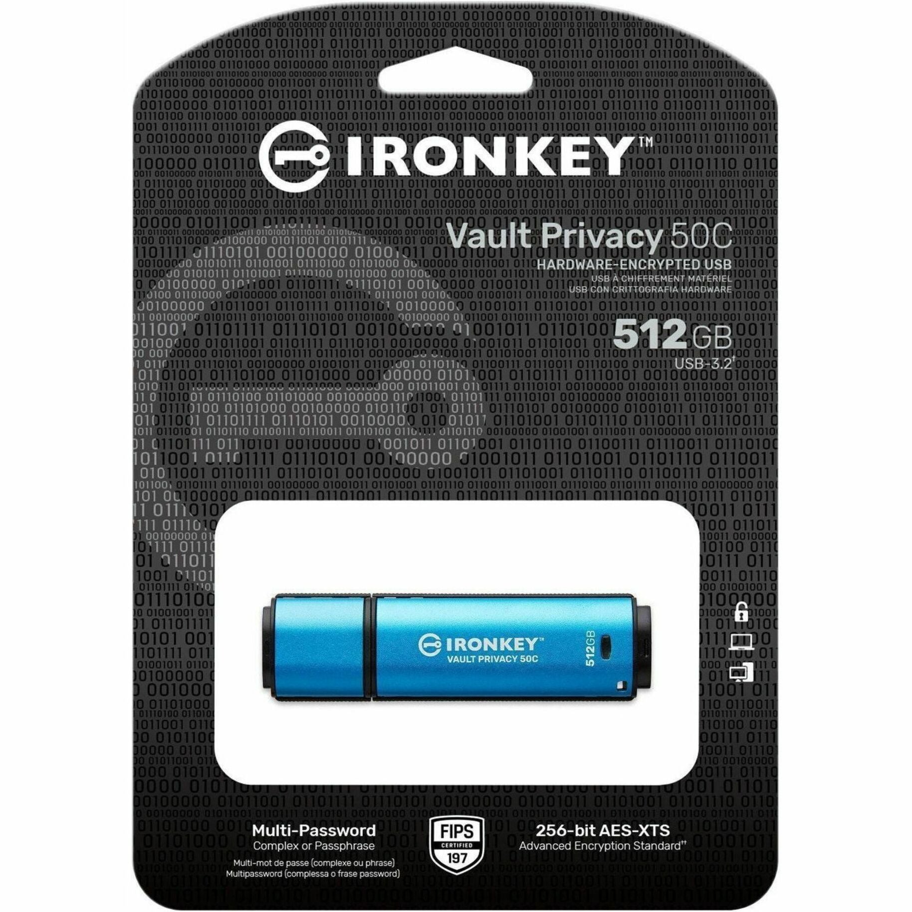 IronKey IKVP50C/512GB Vault Privacy 50 Series USB-C Flash Drive, 512GB, AES-256 Encrypted