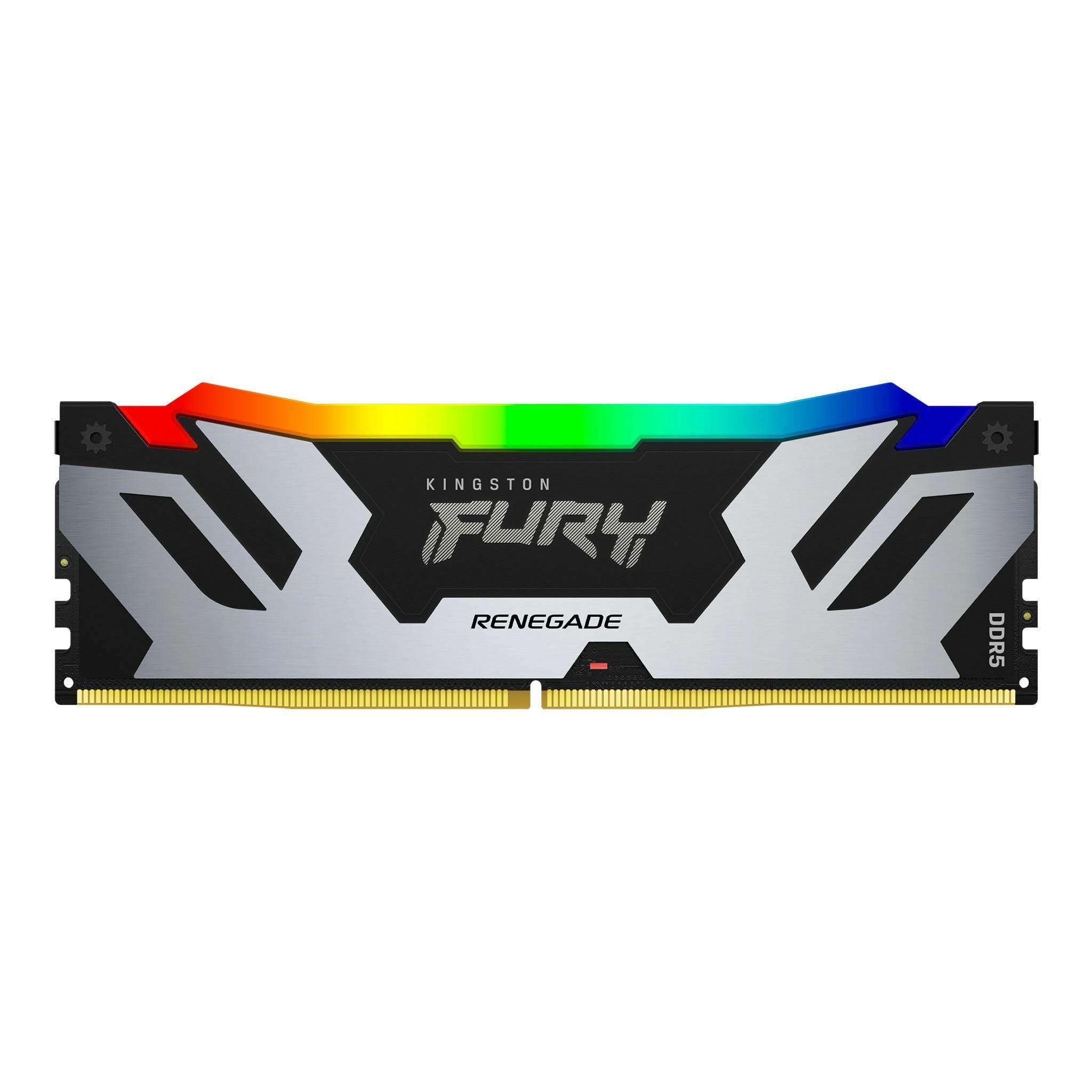 Kingston FURY Renegade DDR5 RAM module with RGB lighting strip displaying rainbow colors against silver and black heatsink