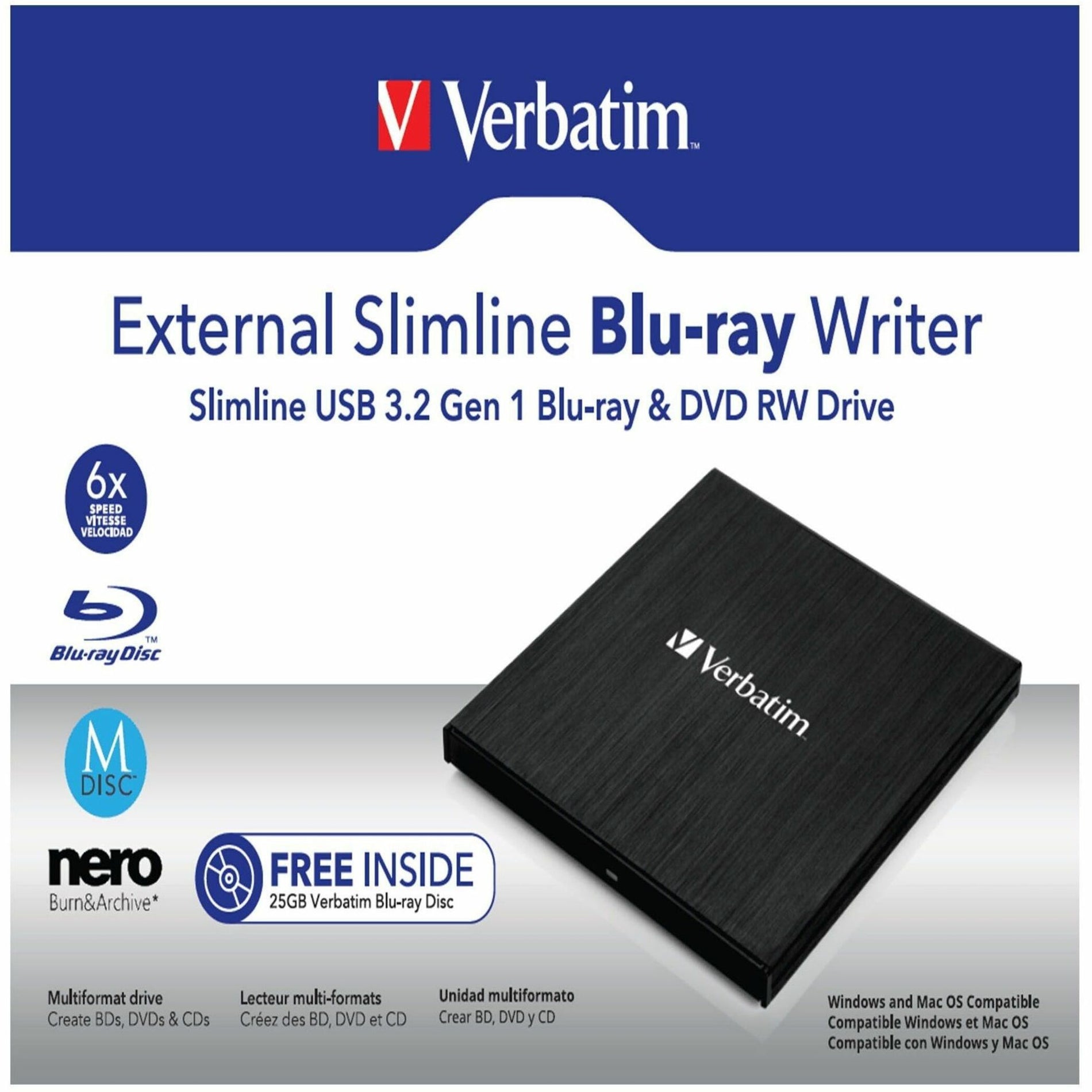 Verbatim 43890 External Slimline Blu-ray Writer, USB 3.2 Gen 1, 6x BD Write Speed