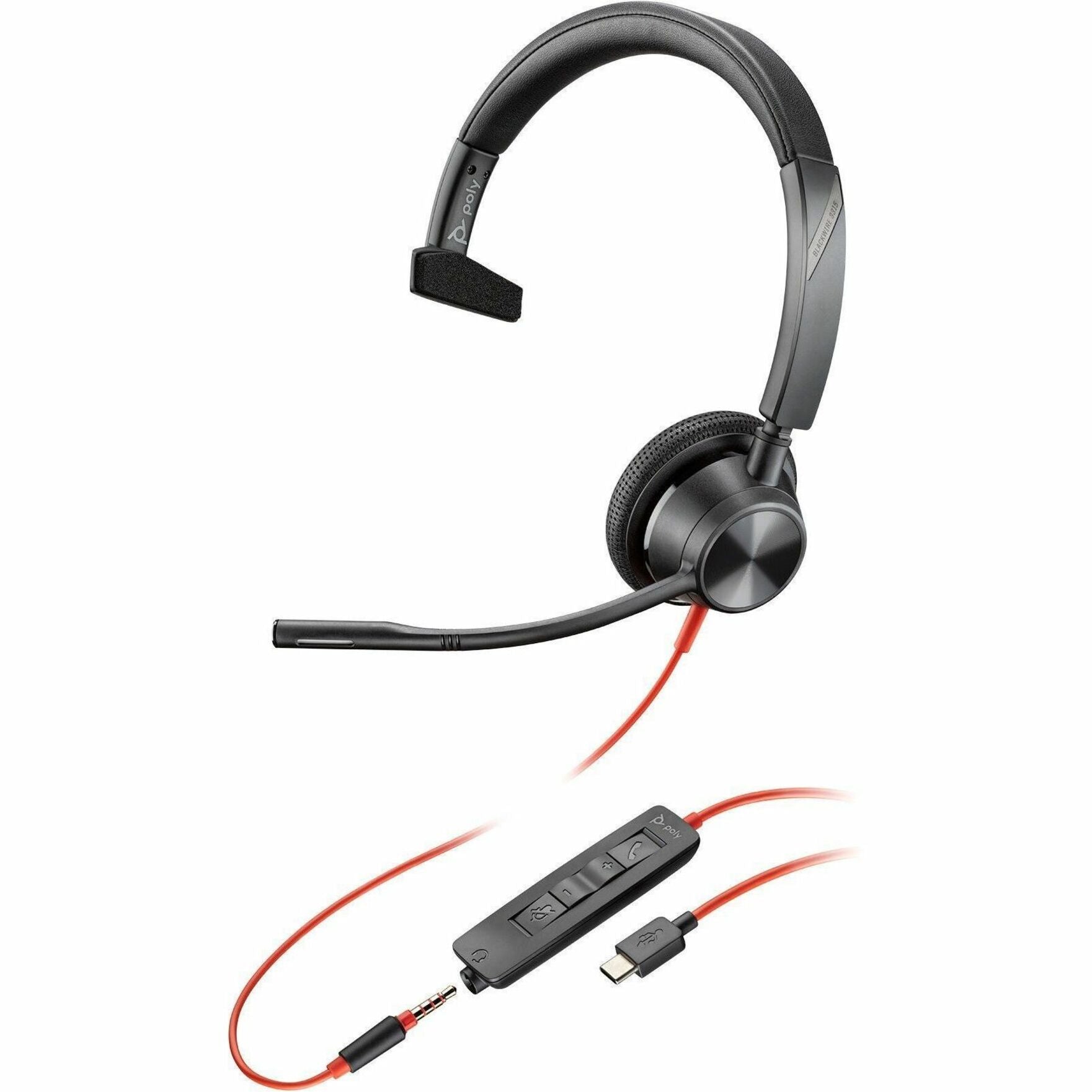 Poly 8X217AA Blackwire 3315 Monaural USB-C Headset +3.5mm Plug +USB-C/A Adapter, Wired Headset