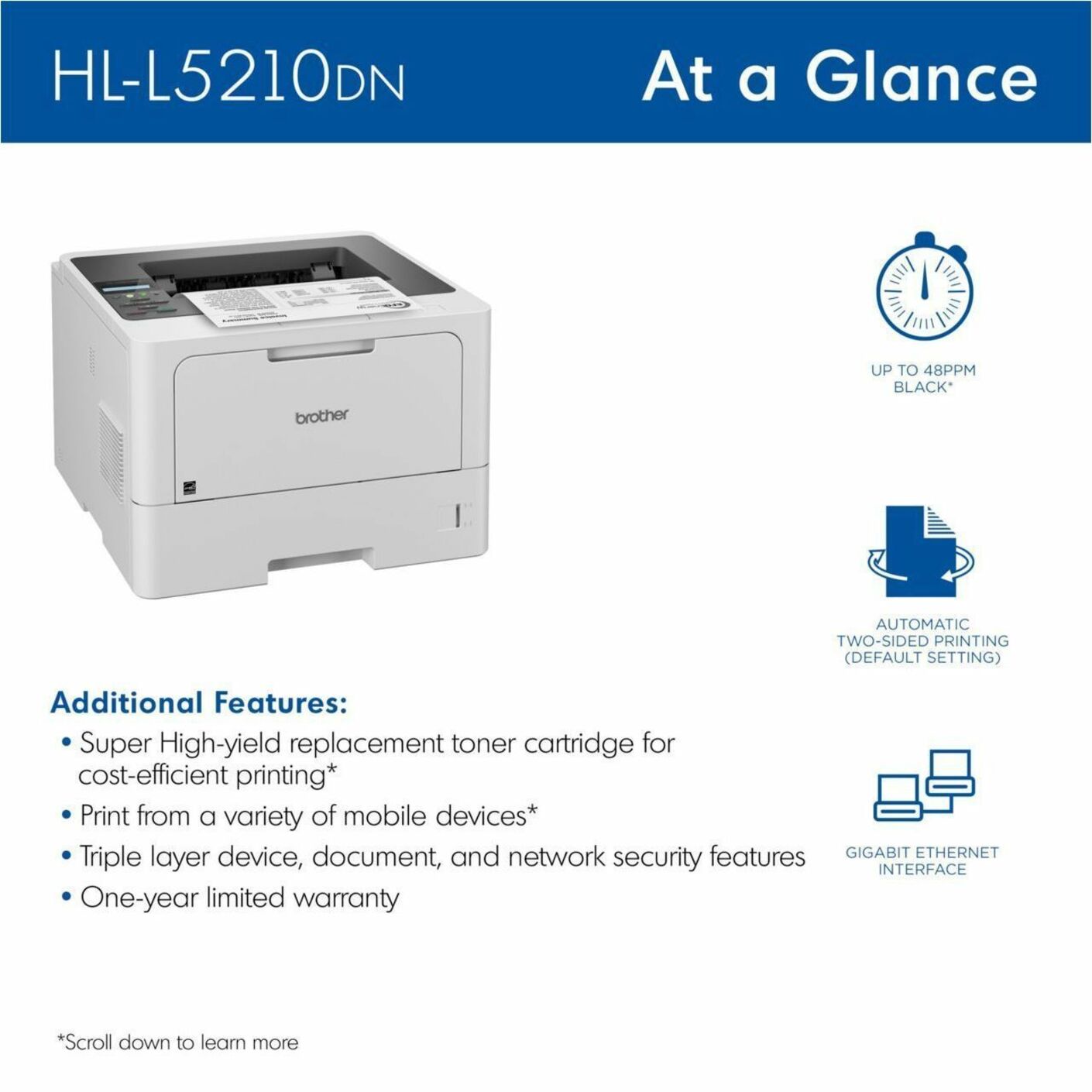 Brother HLL5210DN Mono Laser Printer, Wired, Automatic Duplex Printing, 50 ppm, 1200 x 1200 dpi, 350 Sheets, Gigabit Ethernet