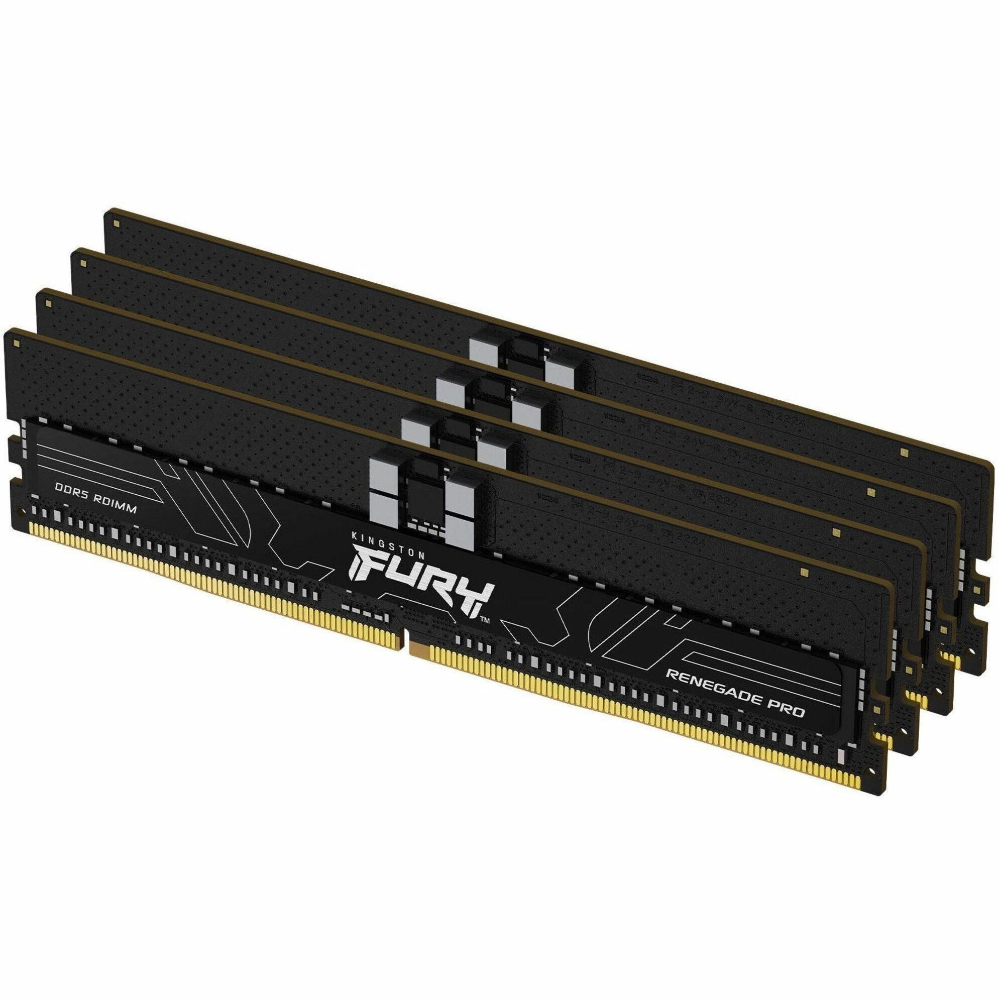 Four Kingston FURY Renegade Pro DDR5 RAM modules arranged in parallel showing black heatsinks with geometric design patterns