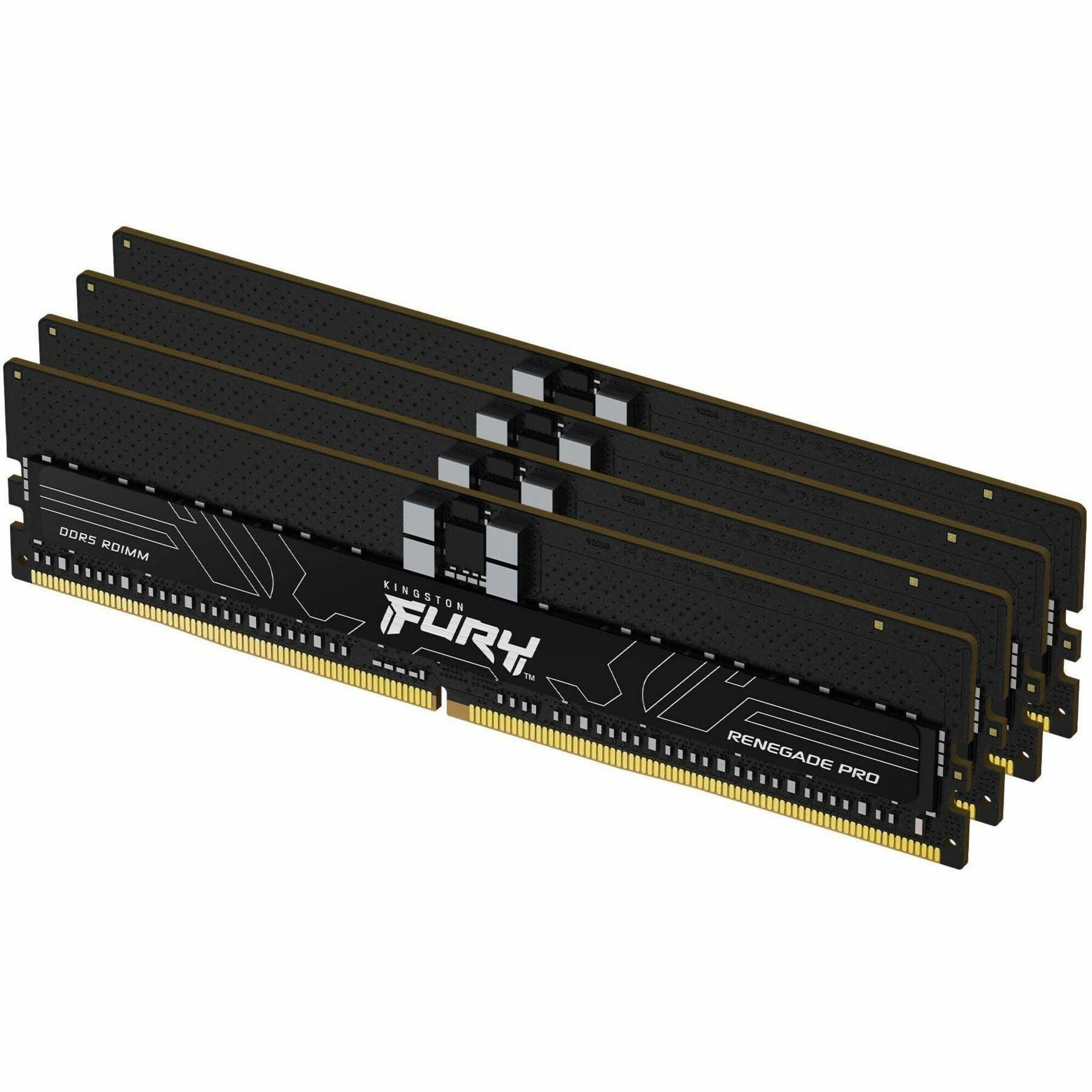 Four Kingston FURY Renegade Pro DDR5 RAM modules arranged in parallel showing black heatsinks with geometric patterns