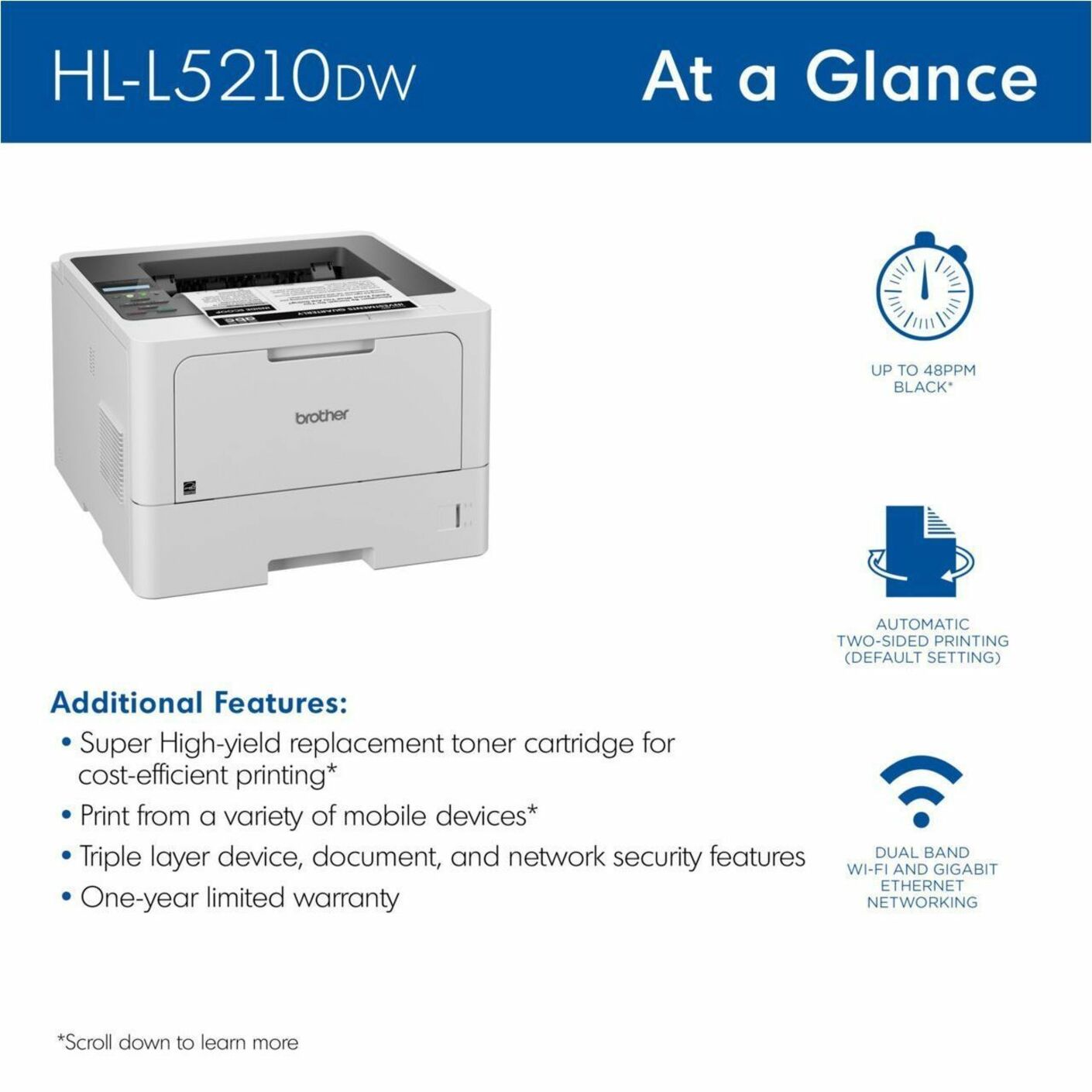 Brother HLL5210DW HL-L5210DW Professional Wireless A4 Mono Laser Printer, Duplex Printing, Mobile Device Printing