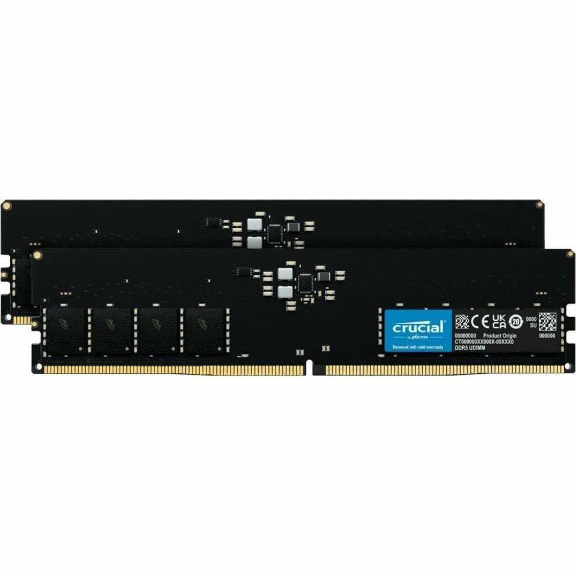 Two black Crucial DDR5 RAM modules with blue branding displayed side by side