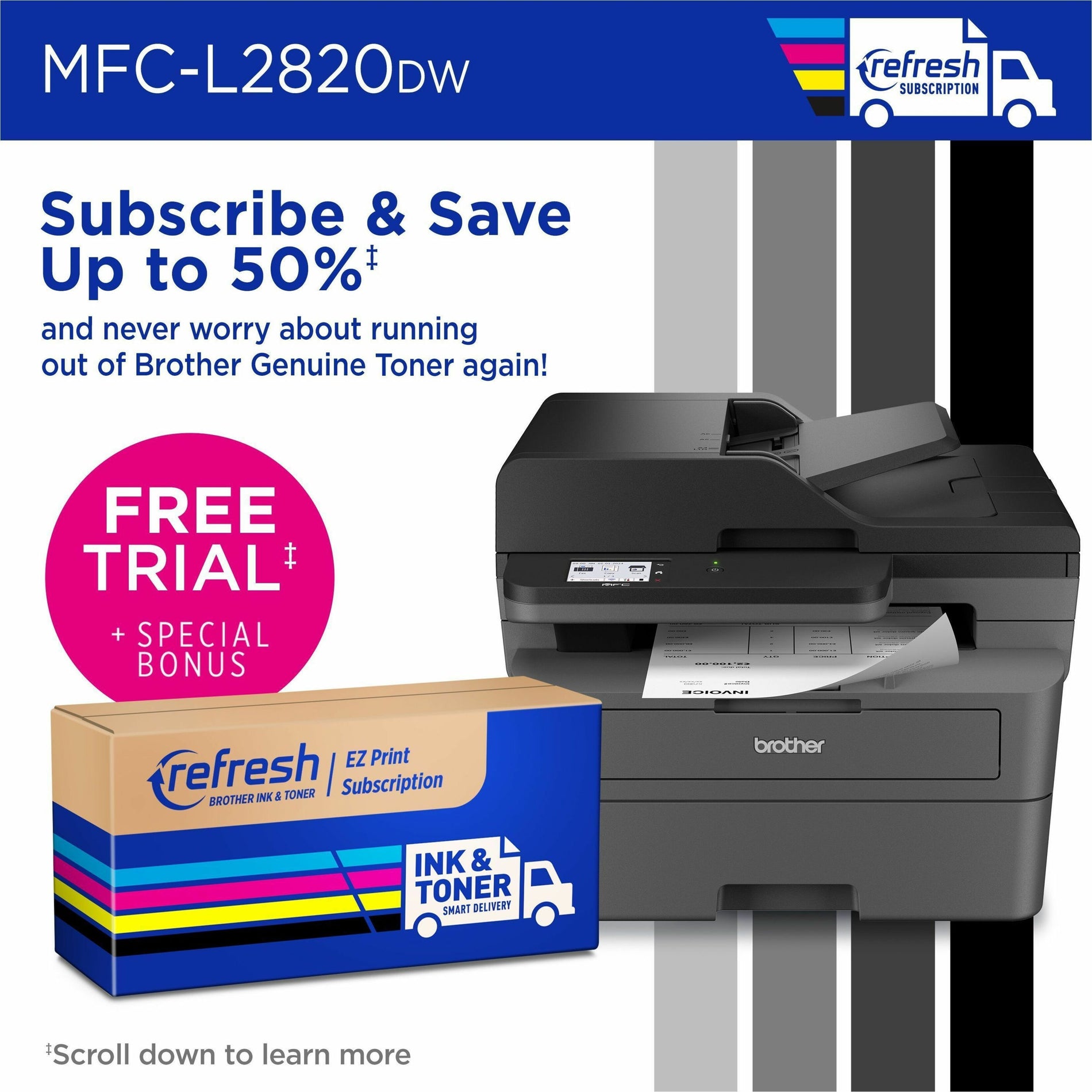 Brother MFCL2820DW All-in-One Laser Printer, Wireless, Color, Gray