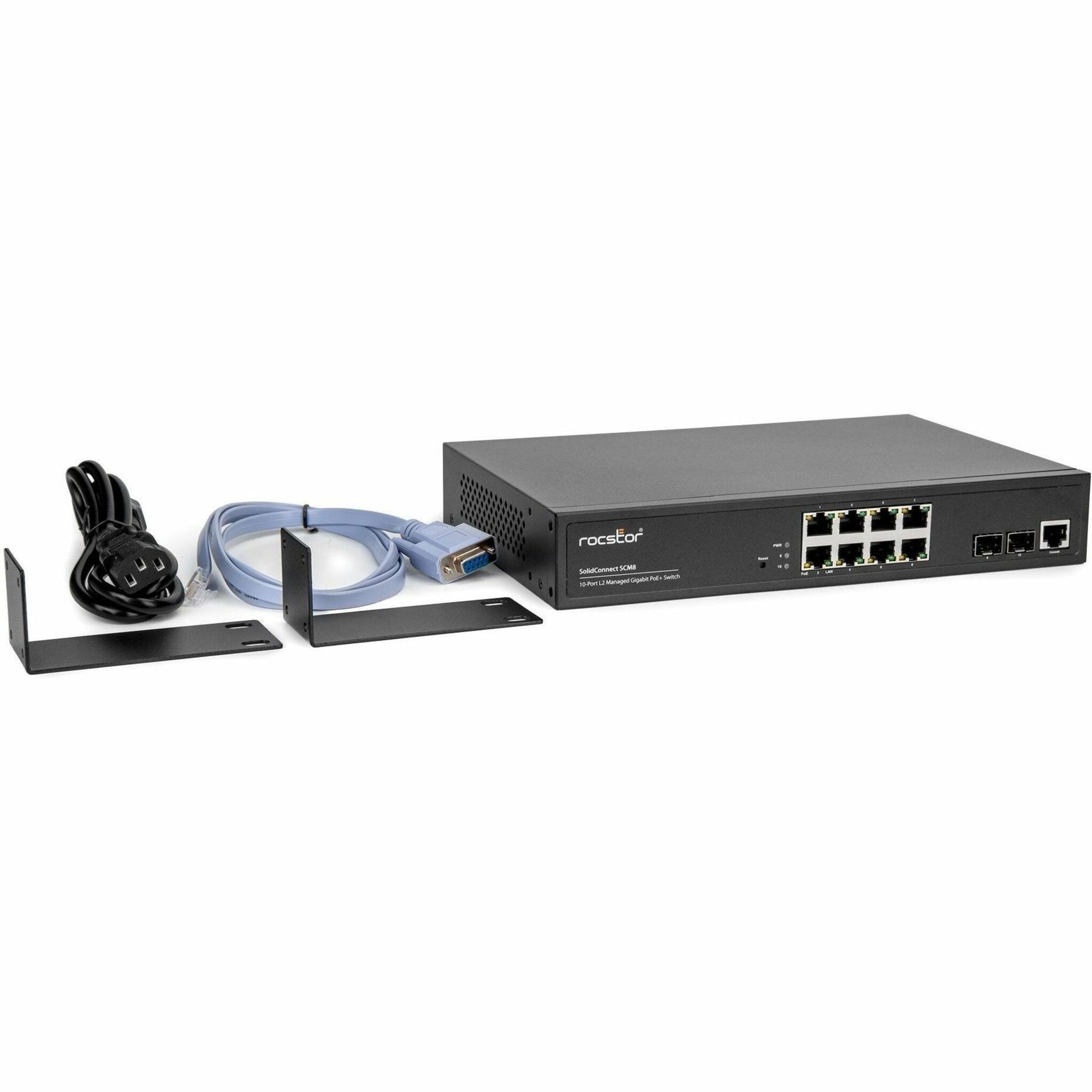 Rocstor Y10S009-B1 SolidConnect SCM8 8-Port PoE+ Gigabit Managed Switch with 2 SFP Ports, Industrial Network Government