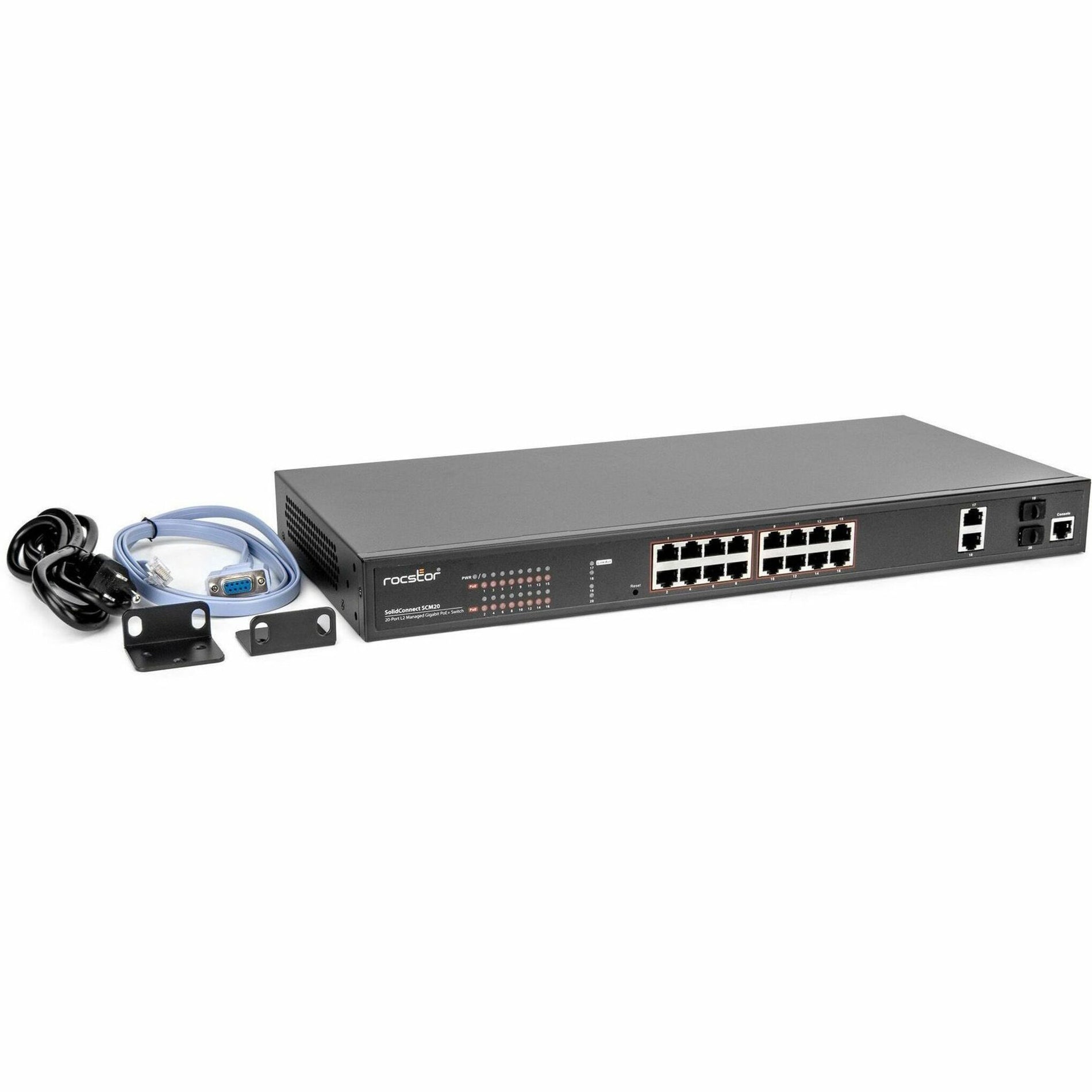 Rocstor Y10S010-B1 SolidConnect SCM20 16-Port PoE+ Gigabit Managed Switch, Industrial Network Government