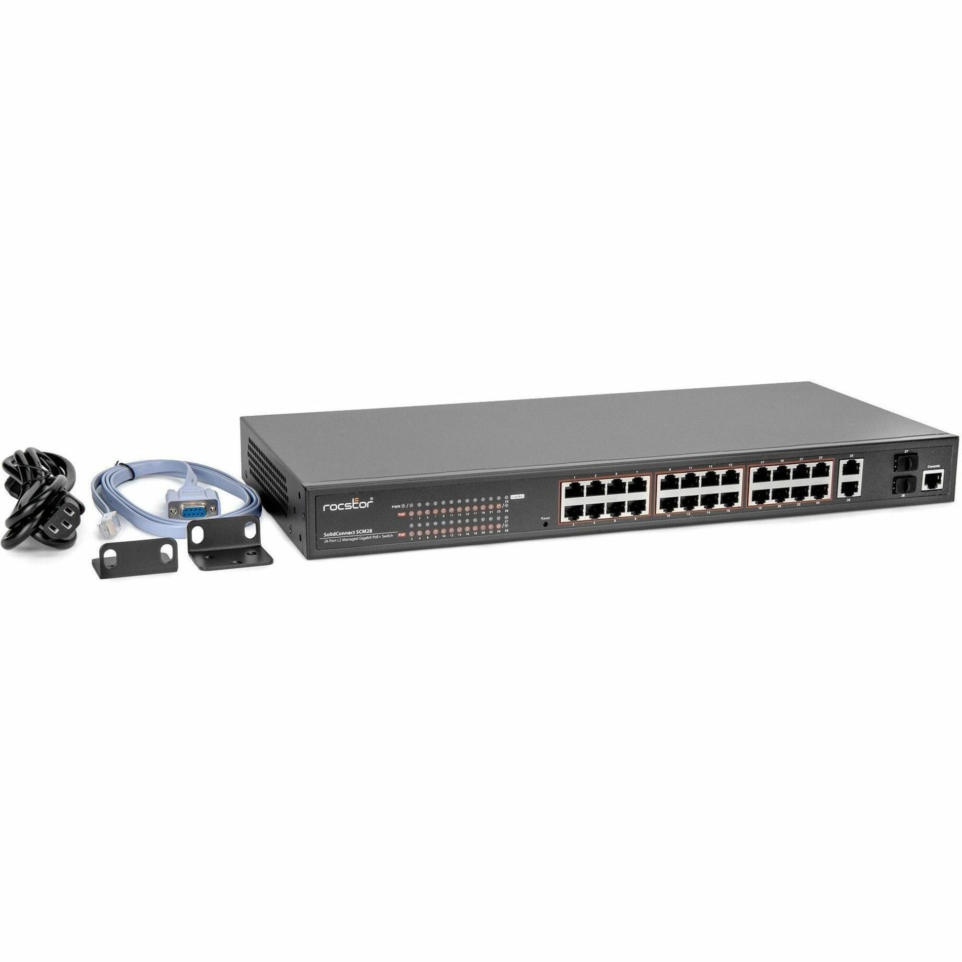 Rocstor Y10S011-B1 SolidConnect SCM28 24-Port PoE+ Gigabit Managed Switch, Industrial Network Government