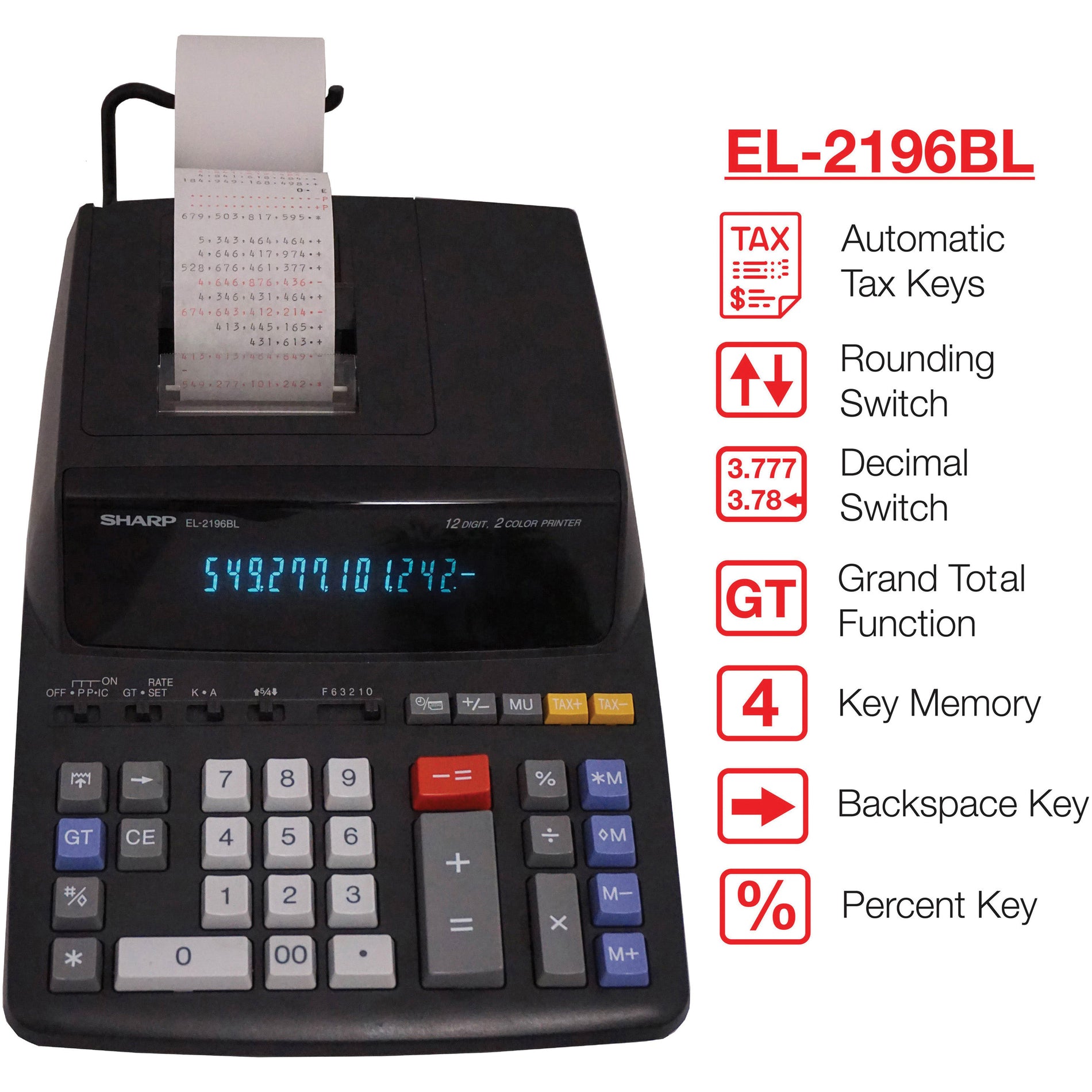 Sharp Calculators EL2196BL EL-2196BL 12-Digit Printing Calculator, 3.7 lps Print Speed, Double Zero, Backspace Key, Sign Change