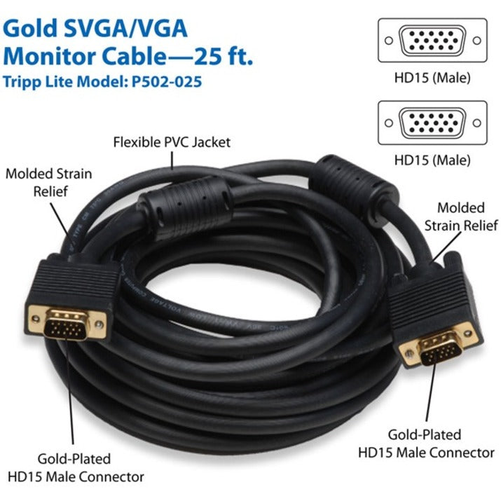 Tripp Lite P502-025 Video Cable, 25FT SVGA/VGA REPL MONITOR CABLE HD15M/M GOLD W/ RGB COAX