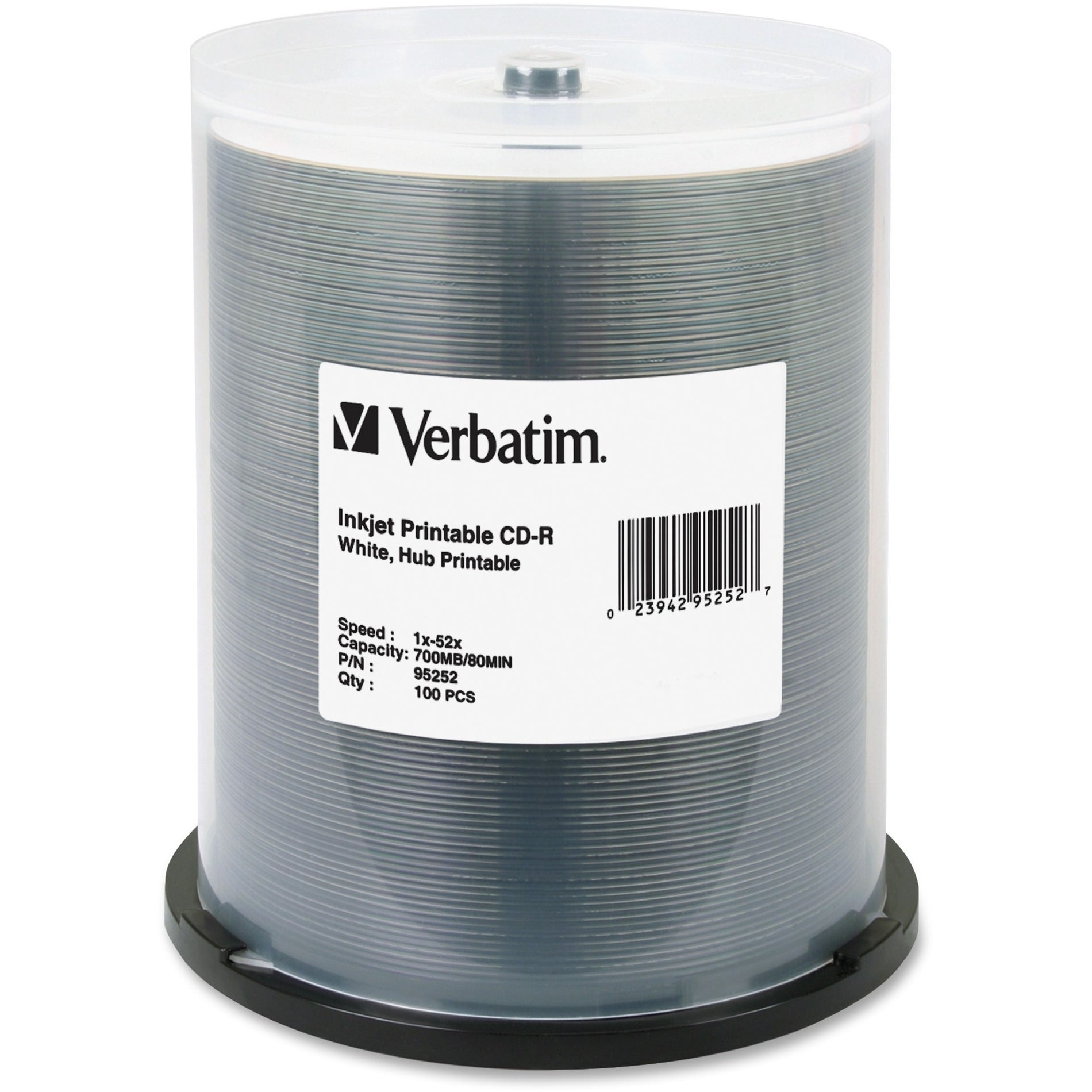 Verbatim 95252 CD-R 700MB 52X White Inkjet Printable, Hub Printable - 100pk Spindle