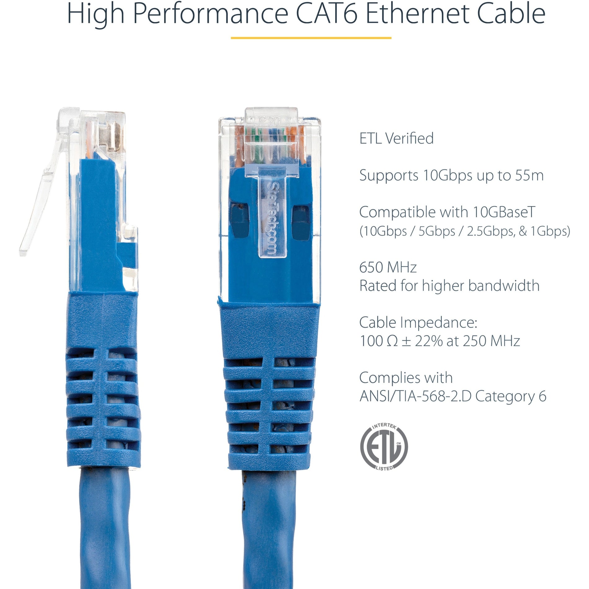 StarTech.com C6PATCH3BL 3ft Blue Cat6 UTP Patch Cable ETL Verified, 10 Gbit/s Data Transfer Rate, Gold Plated Connectors