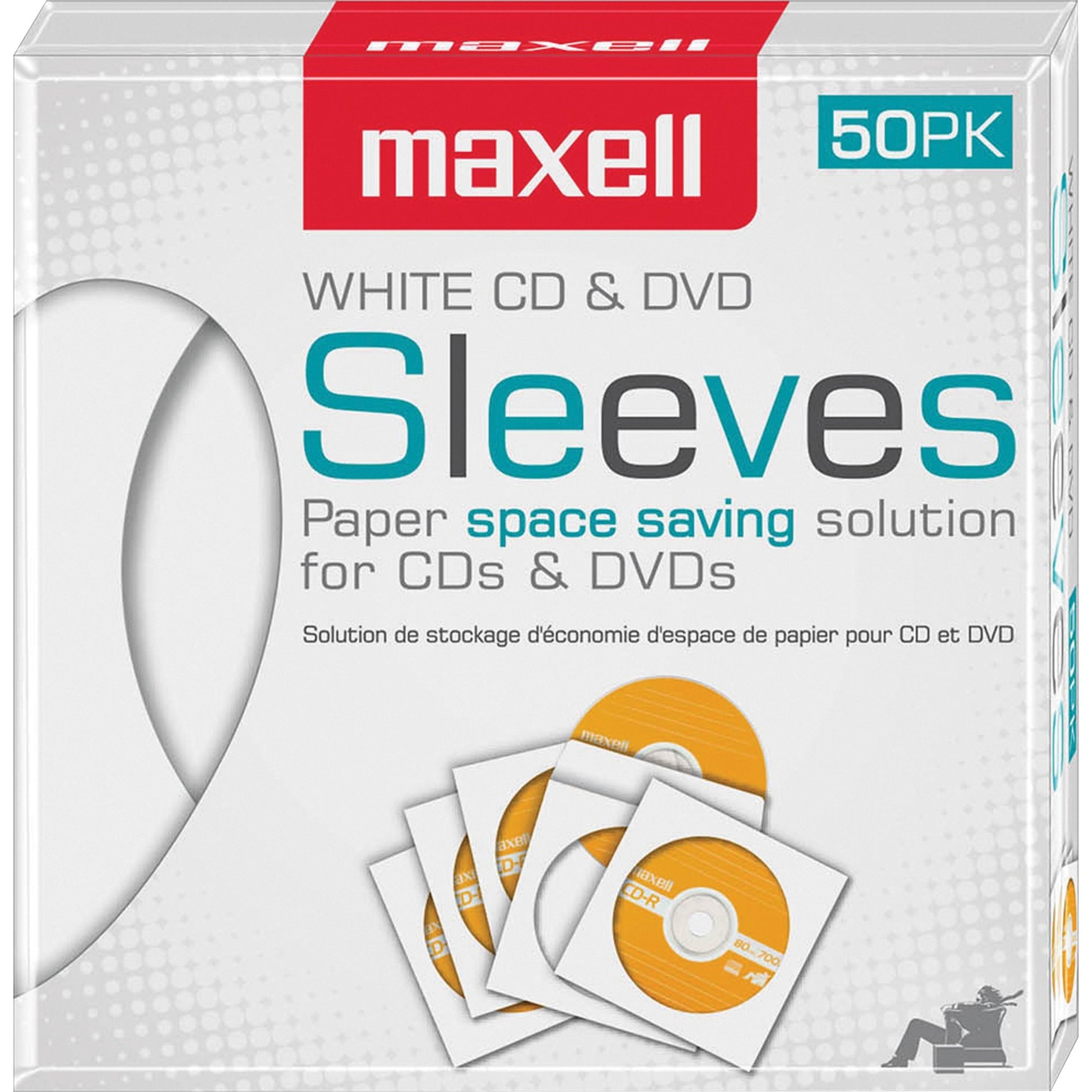 Maxell 190135 White CD / DVD Sleeves, Slide Insert, Pack of 50