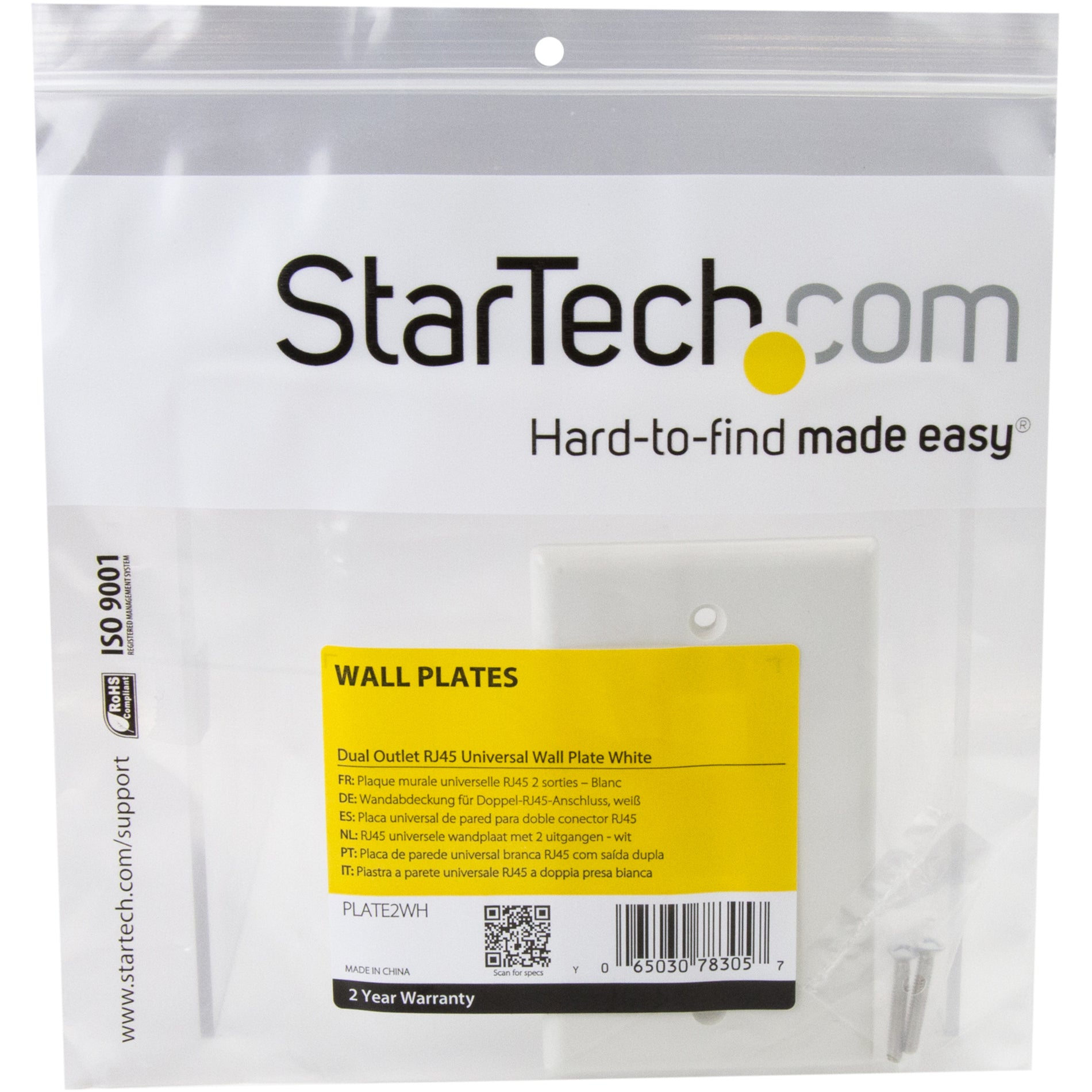 StarTech.com PLATE2WH Dual Outlet RJ45 Universal Wall Plate White, 2 Year Warranty, RoHS Certified