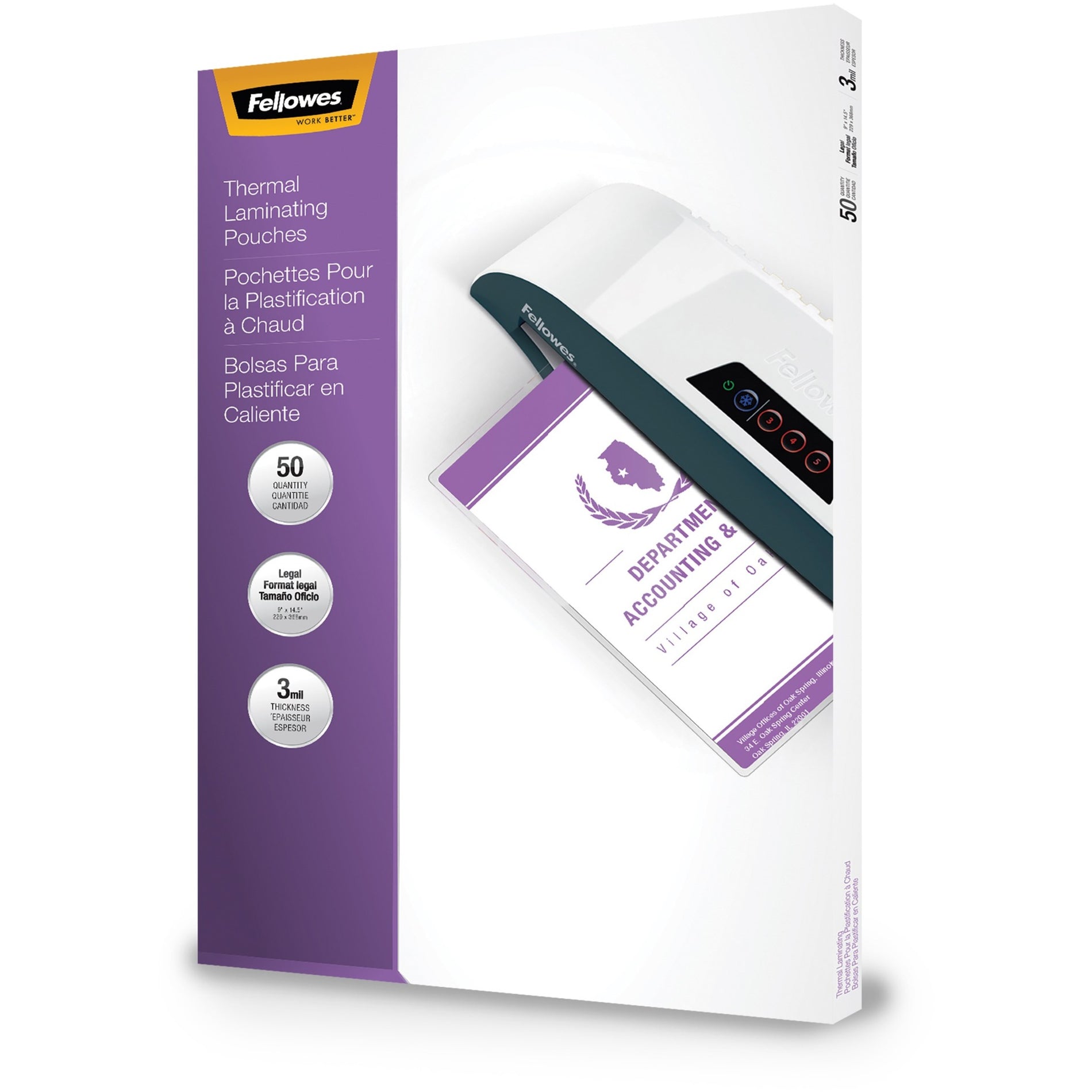 Fellowes 52226 Legal-Size Document Glossy Laminating Pouches, 3 mil, 50 Pack